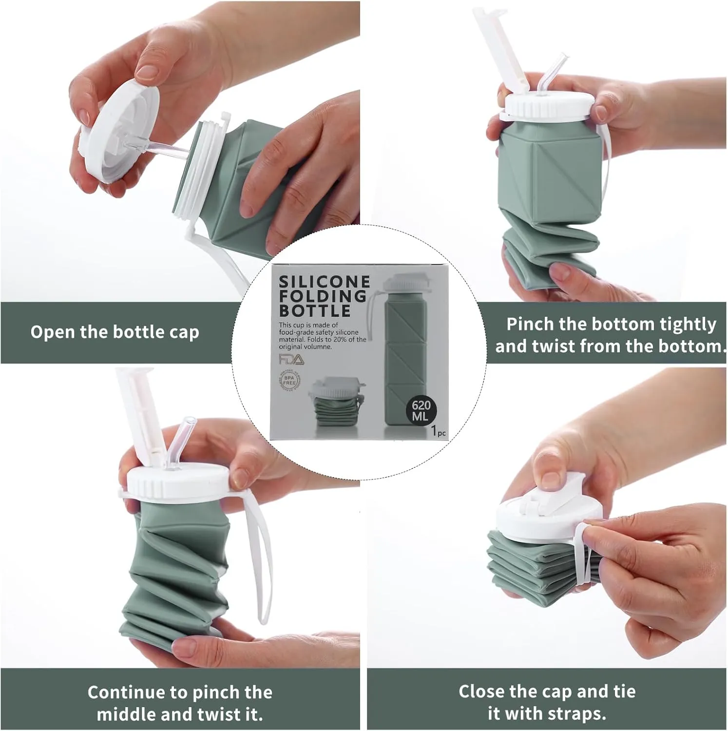 21oz Collapsible Water Bottle - Food Grade BPA Free Silicone, Leakproof with Straw for Travel, Sports, Office, Gym (Green)
