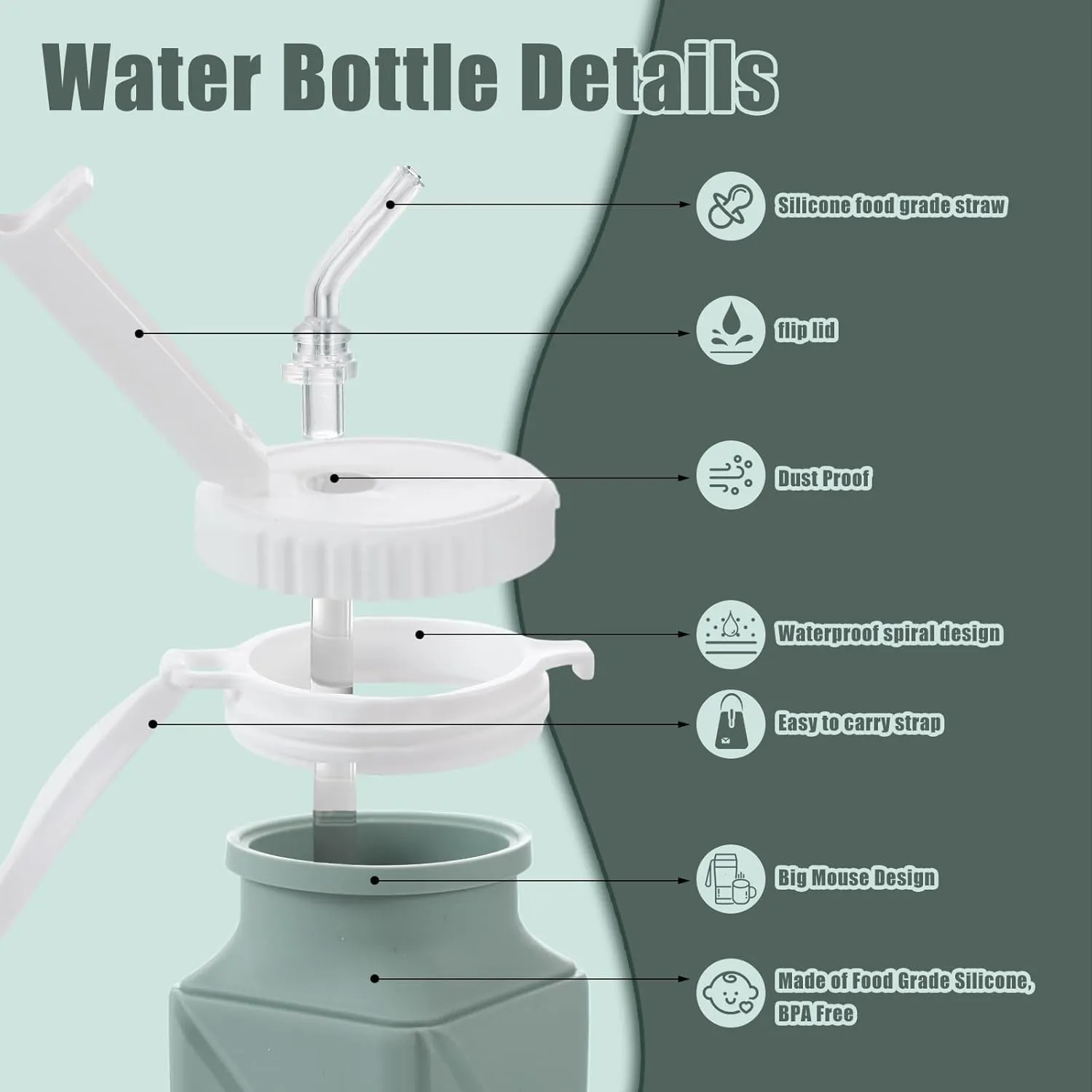 21oz Collapsible Water Bottle - Food Grade BPA Free Silicone, Leakproof with Straw for Travel, Sports, Office, Gym (Green)