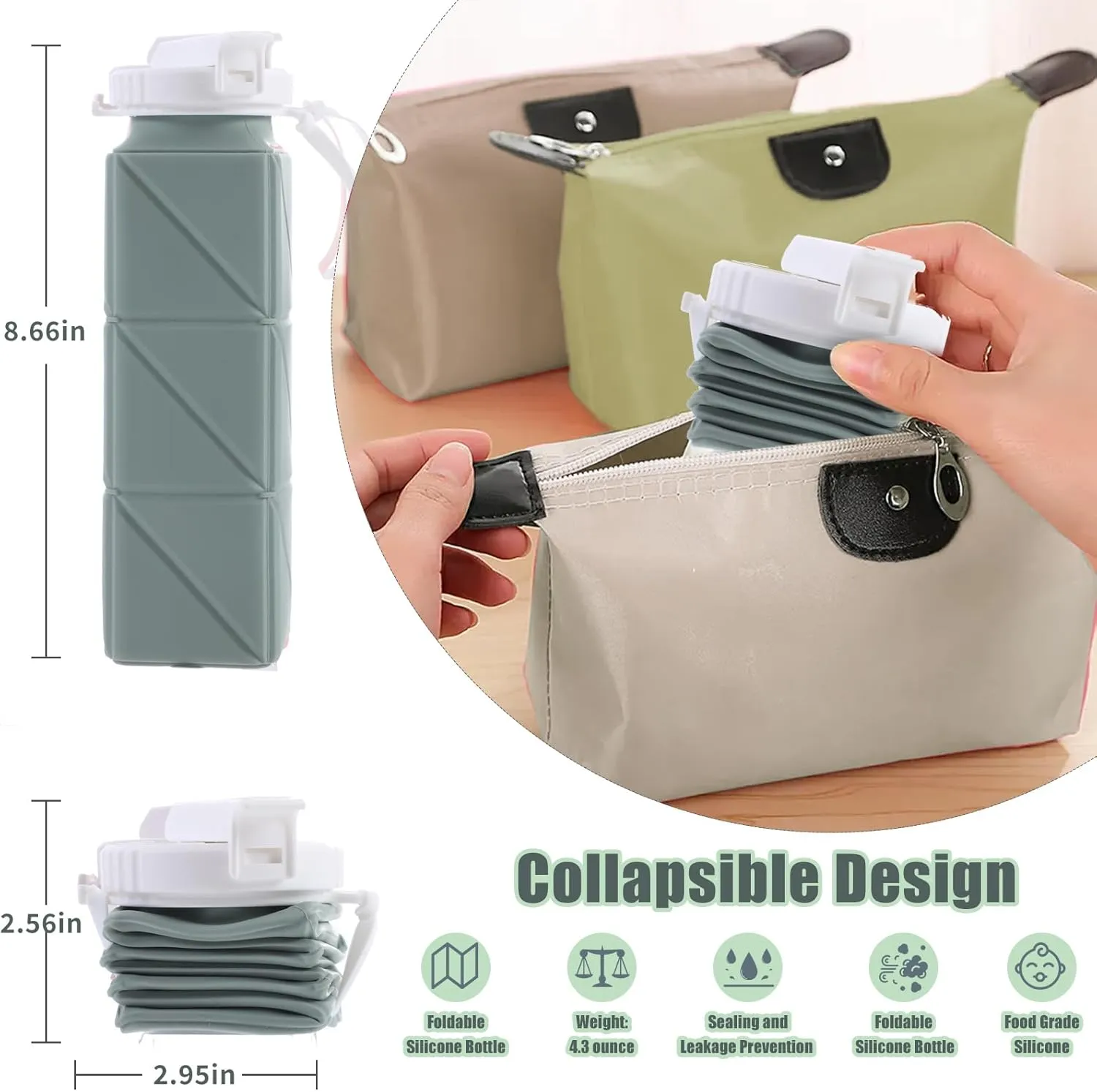 21oz Collapsible Water Bottle - Food Grade BPA Free Silicone, Leakproof with Straw for Travel, Sports, Office, Gym (Green)