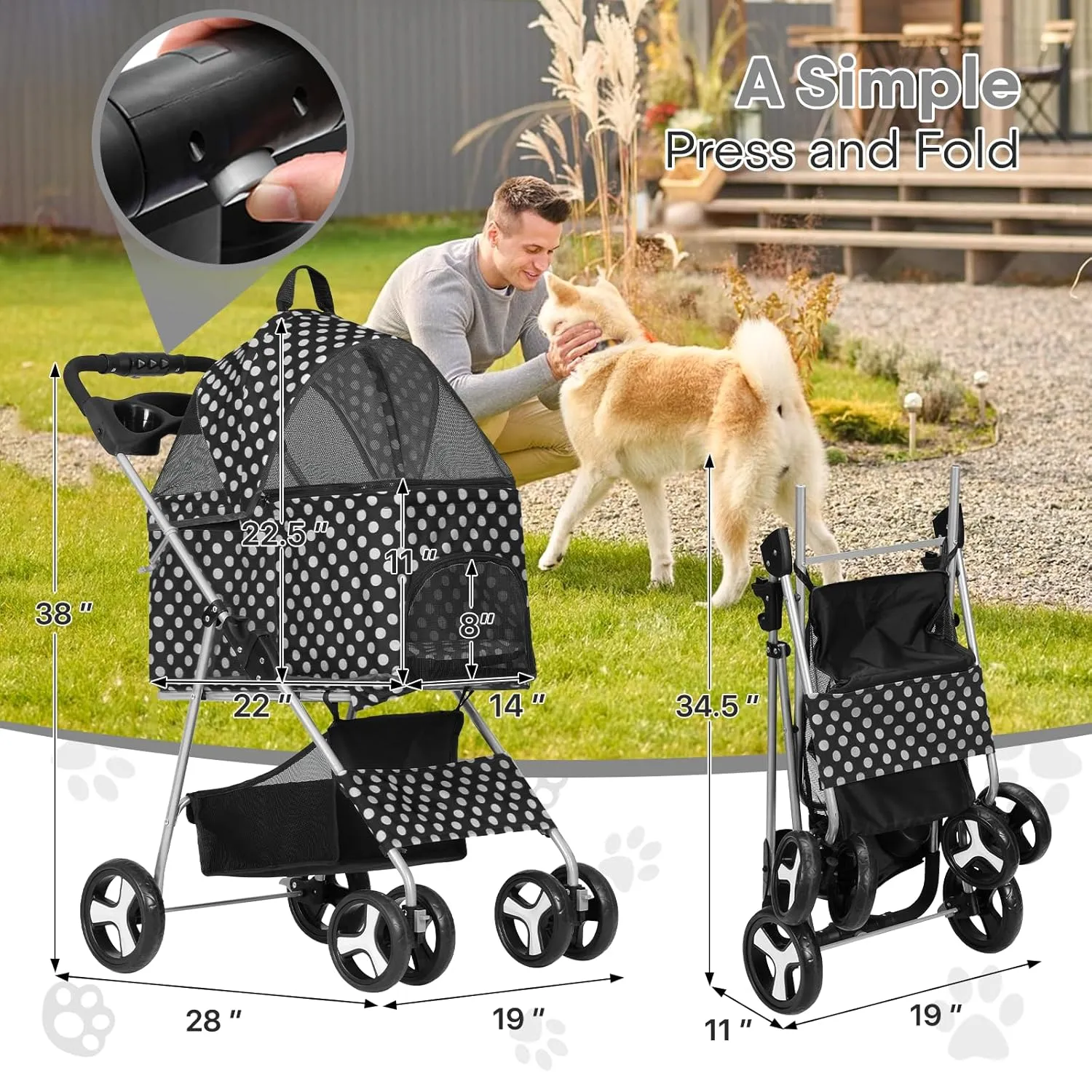 3-in-1 Foldable Pet Stroller with Detachable Carrier and Car Seat, Push-Button Entry, for Small to Medium Pets up to 33 lbs, Black Polka Dots