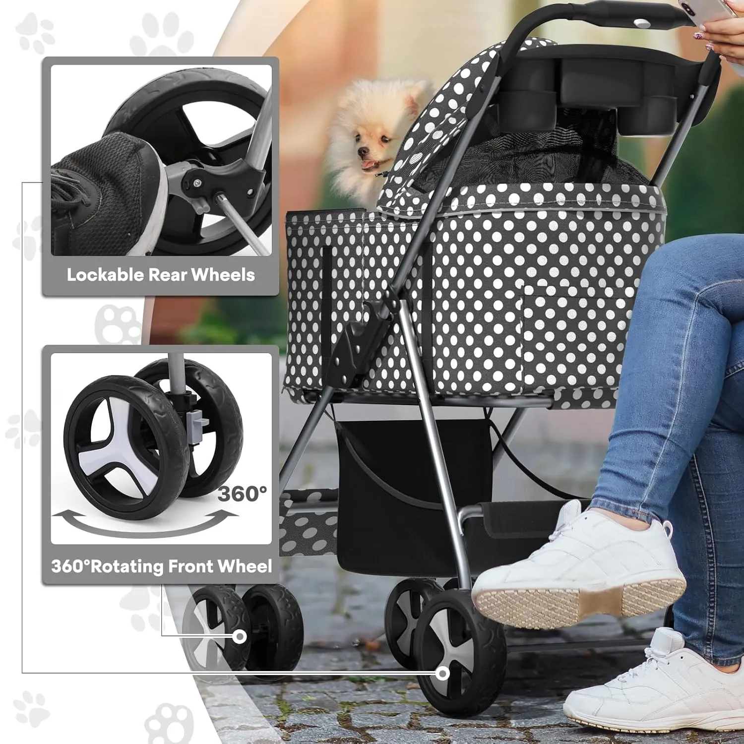 3-in-1 Foldable Pet Stroller with Detachable Carrier and Car Seat, Push-Button Entry, for Small to Medium Pets up to 33 lbs, Black Polka Dots