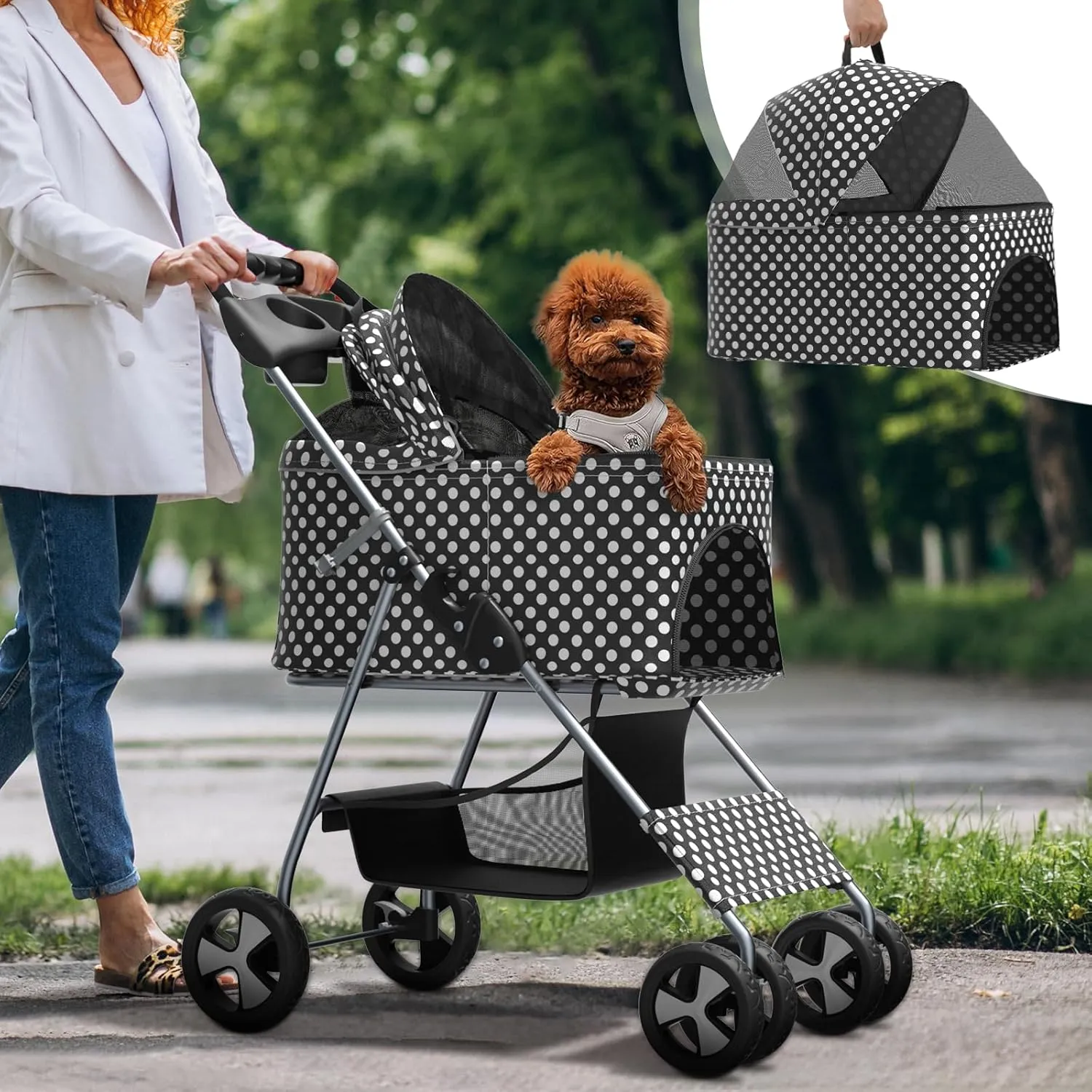 3-in-1 Foldable Pet Stroller with Detachable Carrier and Car Seat, Push-Button Entry, for Small to Medium Pets up to 33 lbs, Black Polka Dots