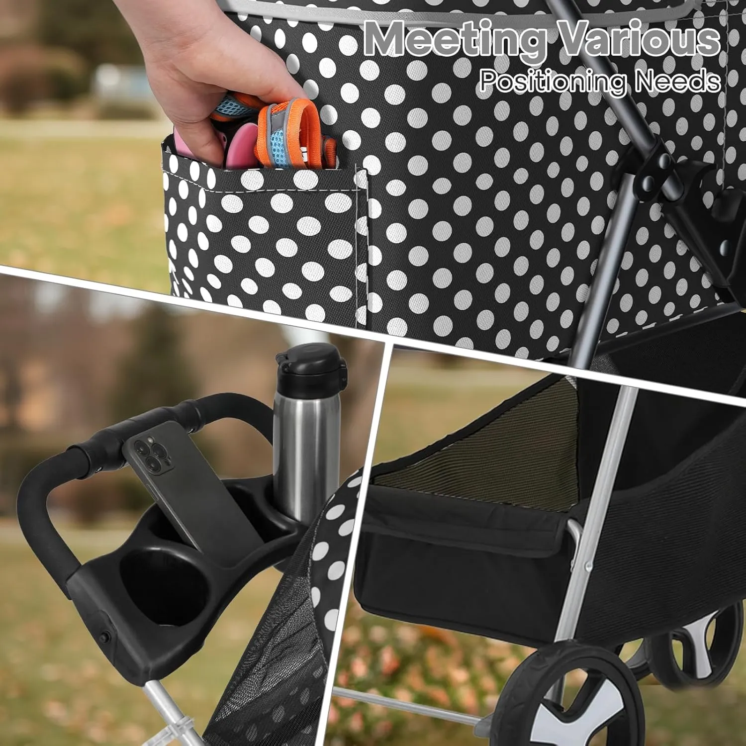 3-in-1 Foldable Pet Stroller with Detachable Carrier and Car Seat, Push-Button Entry, for Small to Medium Pets up to 33 lbs, Black Polka Dots