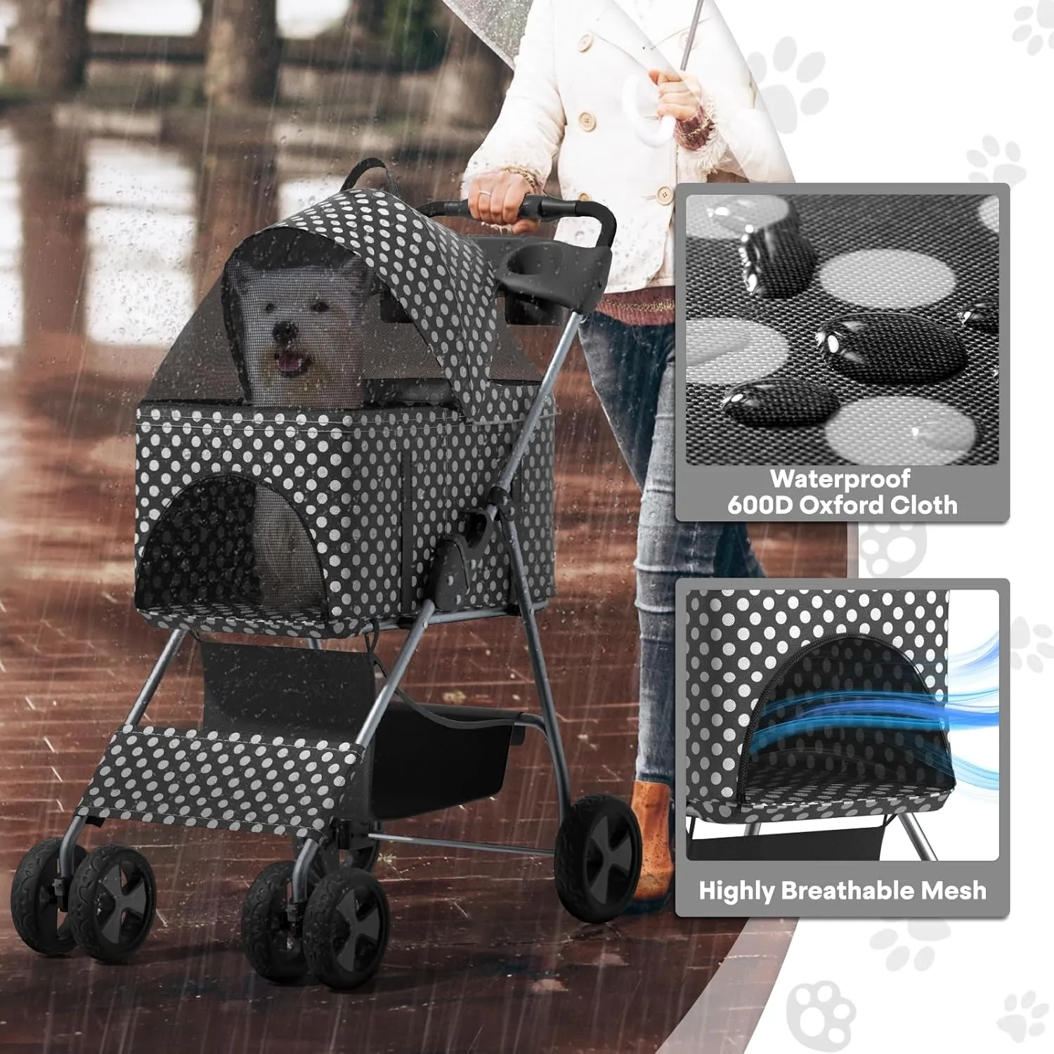 3-in-1 Foldable Pet Stroller with Detachable Carrier and Car Seat, Push-Button Entry, for Small to Medium Pets up to 33 lbs, Black Polka Dots