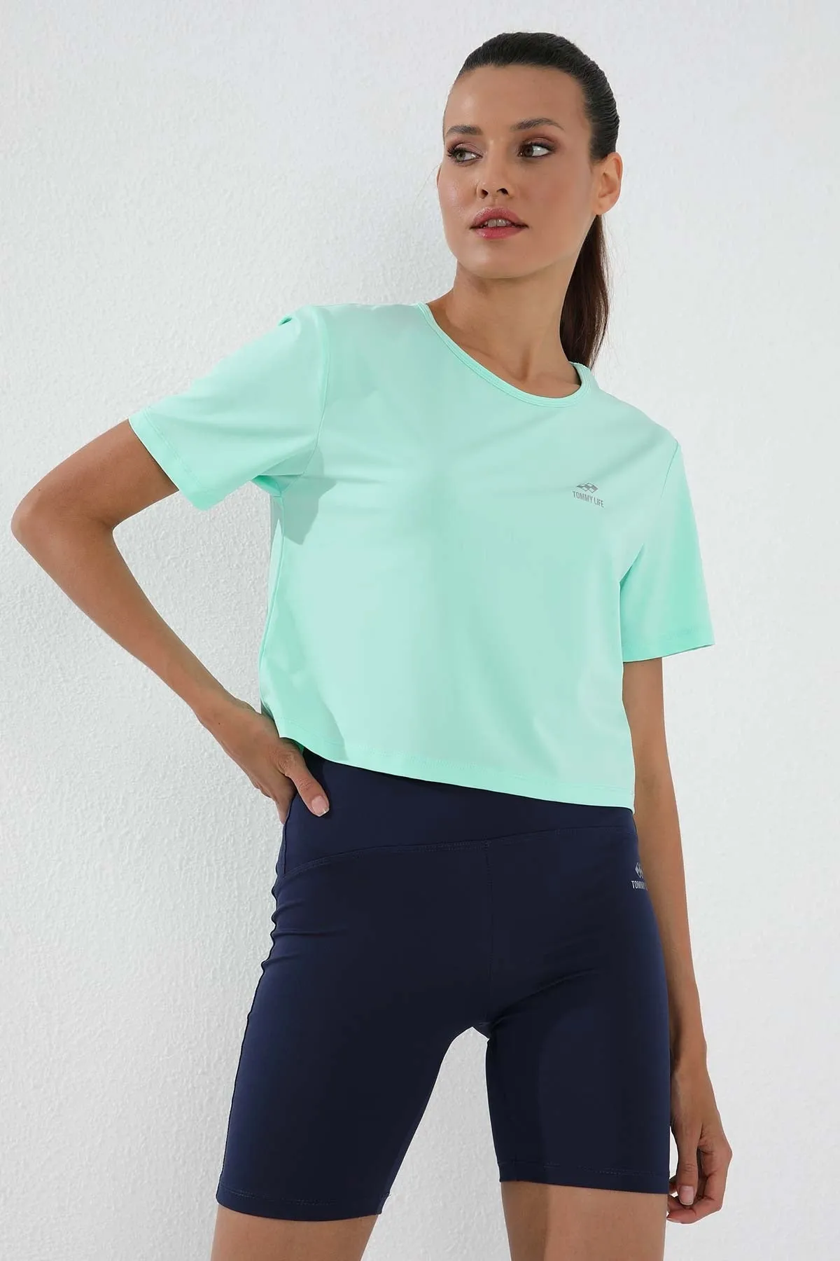 basic kisa kol standart kalip o yaka kadin crop top t-shirt - 97143