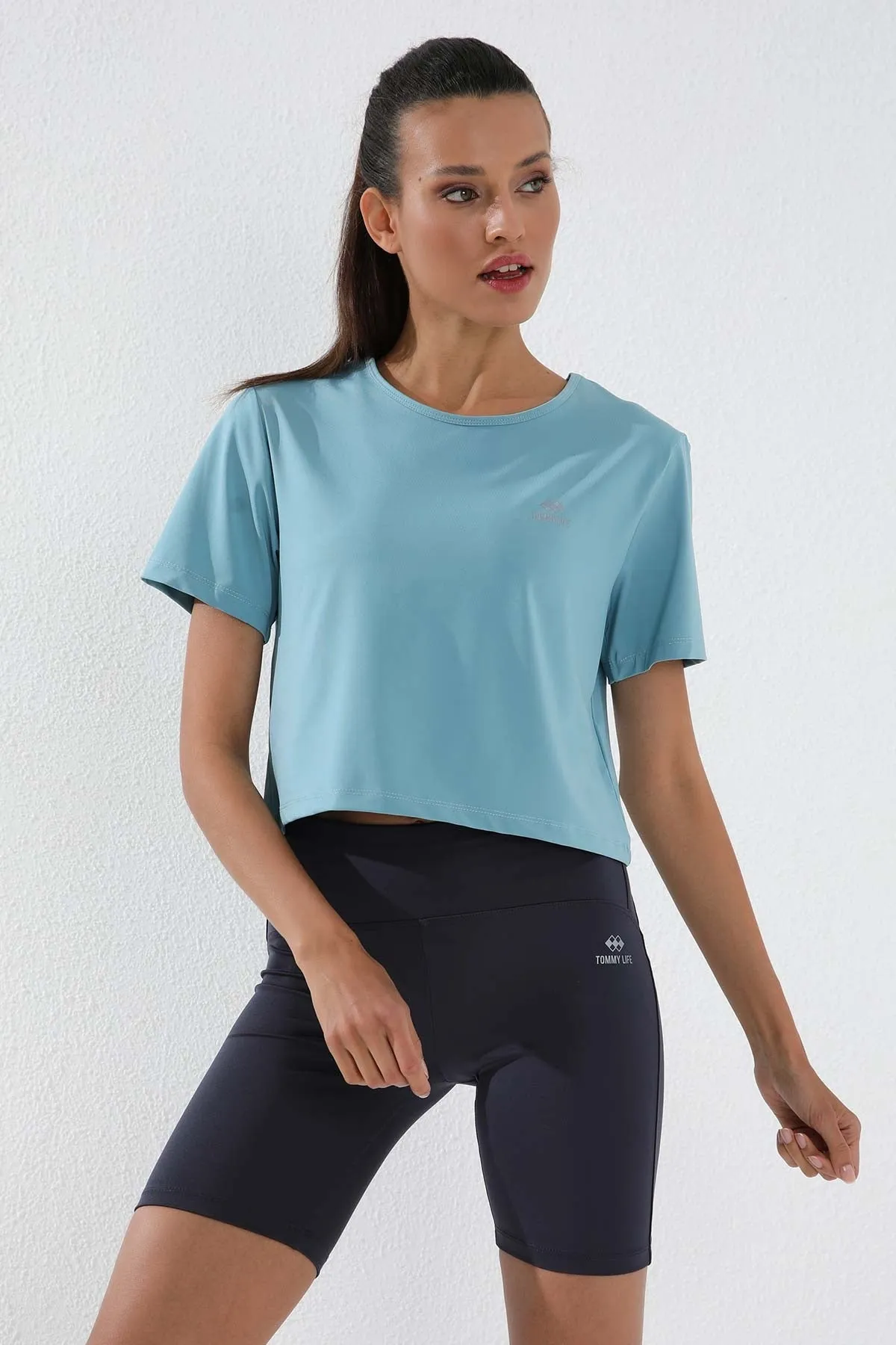 basic kisa kol standart kalip o yaka kadin crop top t-shirt - 97143