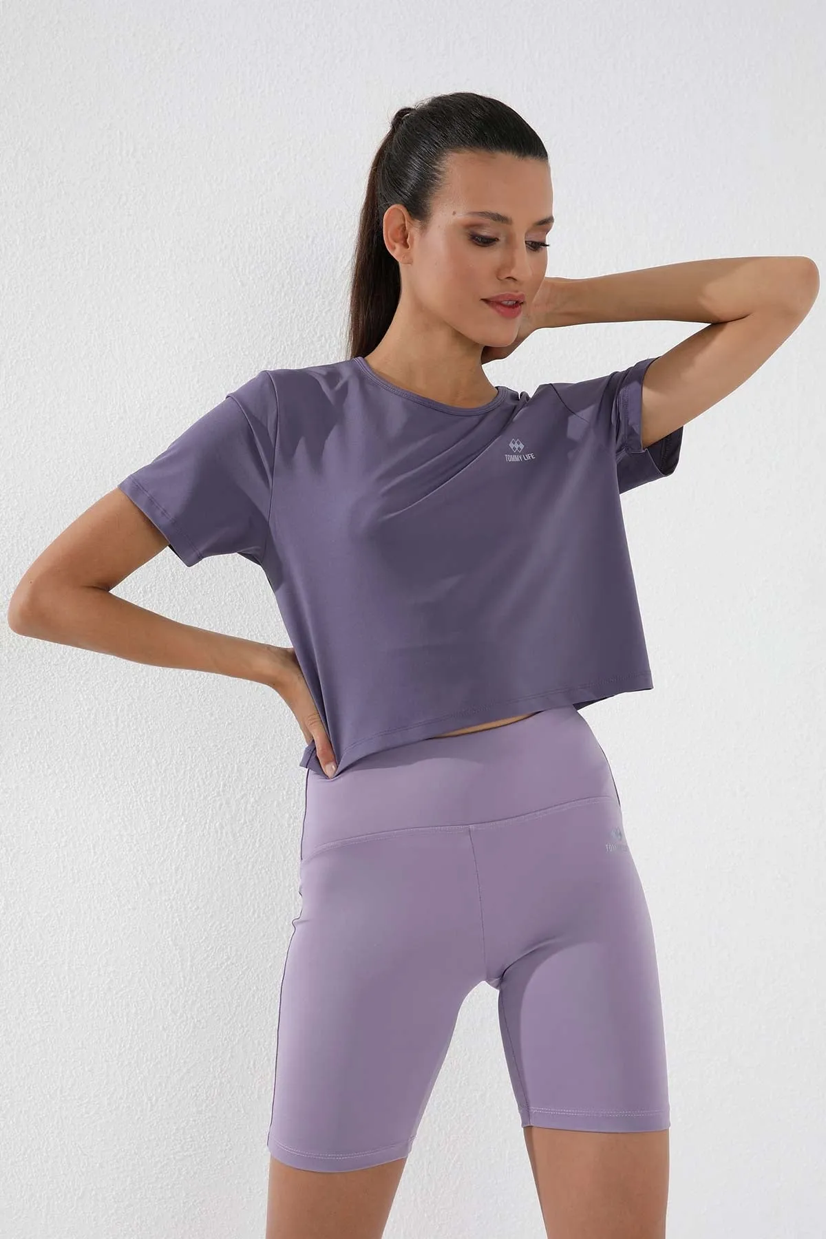 basic kisa kol standart kalip o yaka kadin crop top t-shirt - 97143