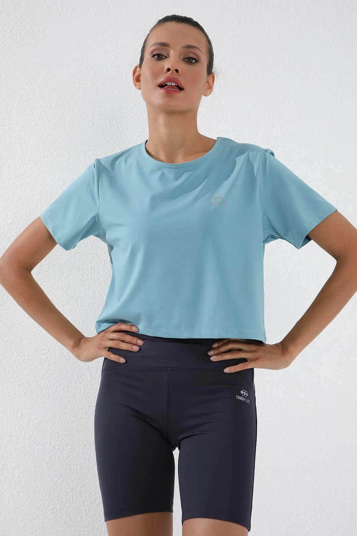 basic kisa kol standart kalip o yaka kadin crop top t-shirt - 97143