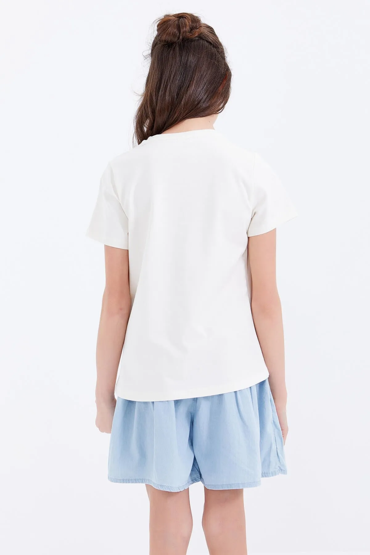 basic yazi baskili o yaka rahat form kiz çocuk t-shirt - 75041