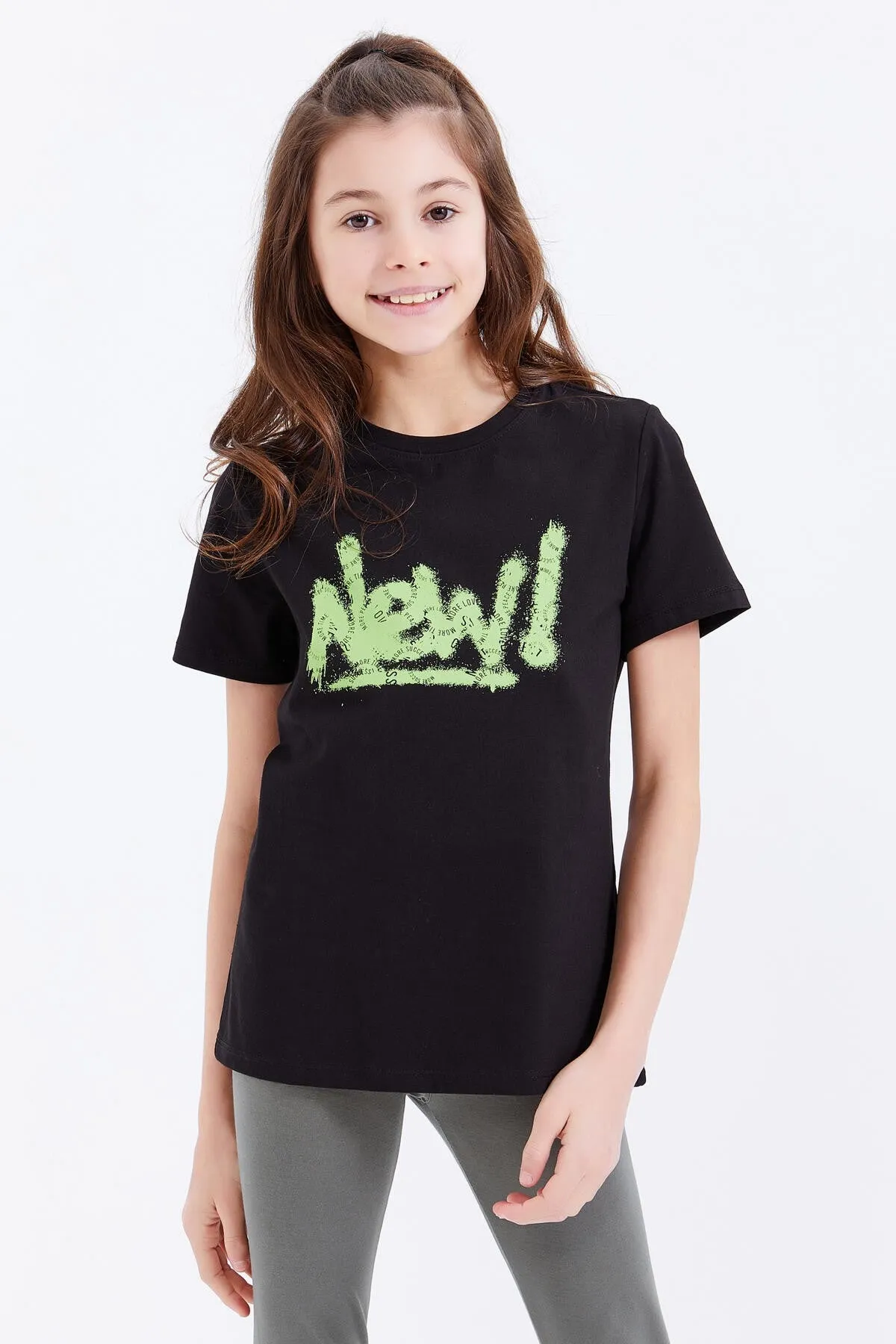 basic yazi baskili o yaka rahat form kiz çocuk t-shirt - 75041