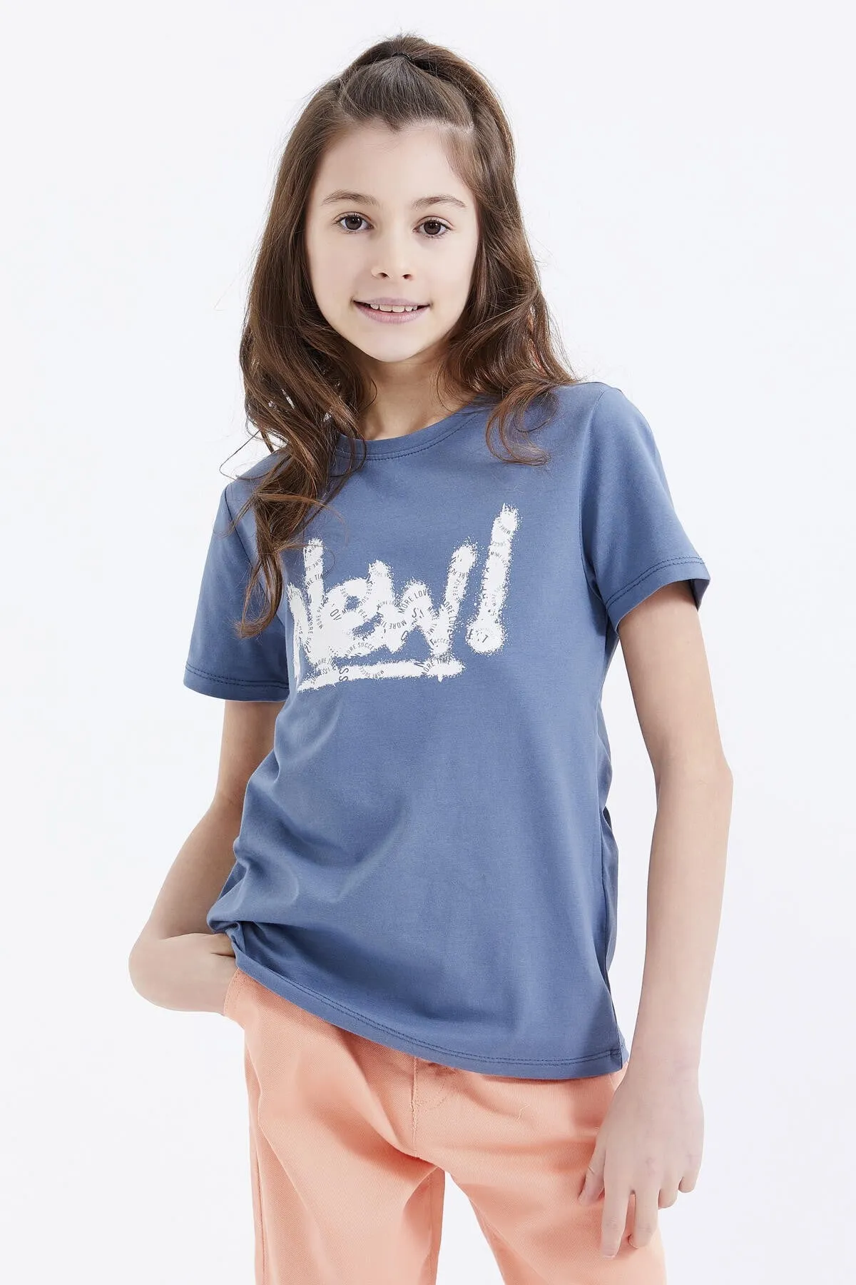 basic yazi baskili o yaka rahat form kiz çocuk t-shirt - 75041