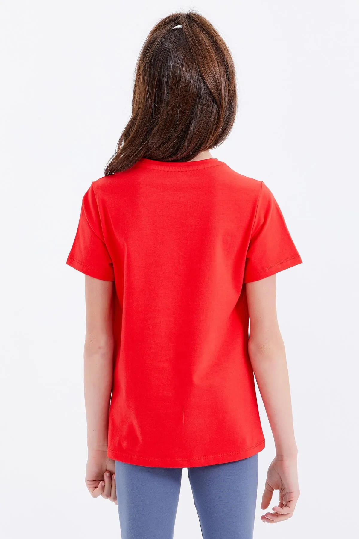 basic yazi baskili o yaka rahat form kiz çocuk t-shirt - 75041