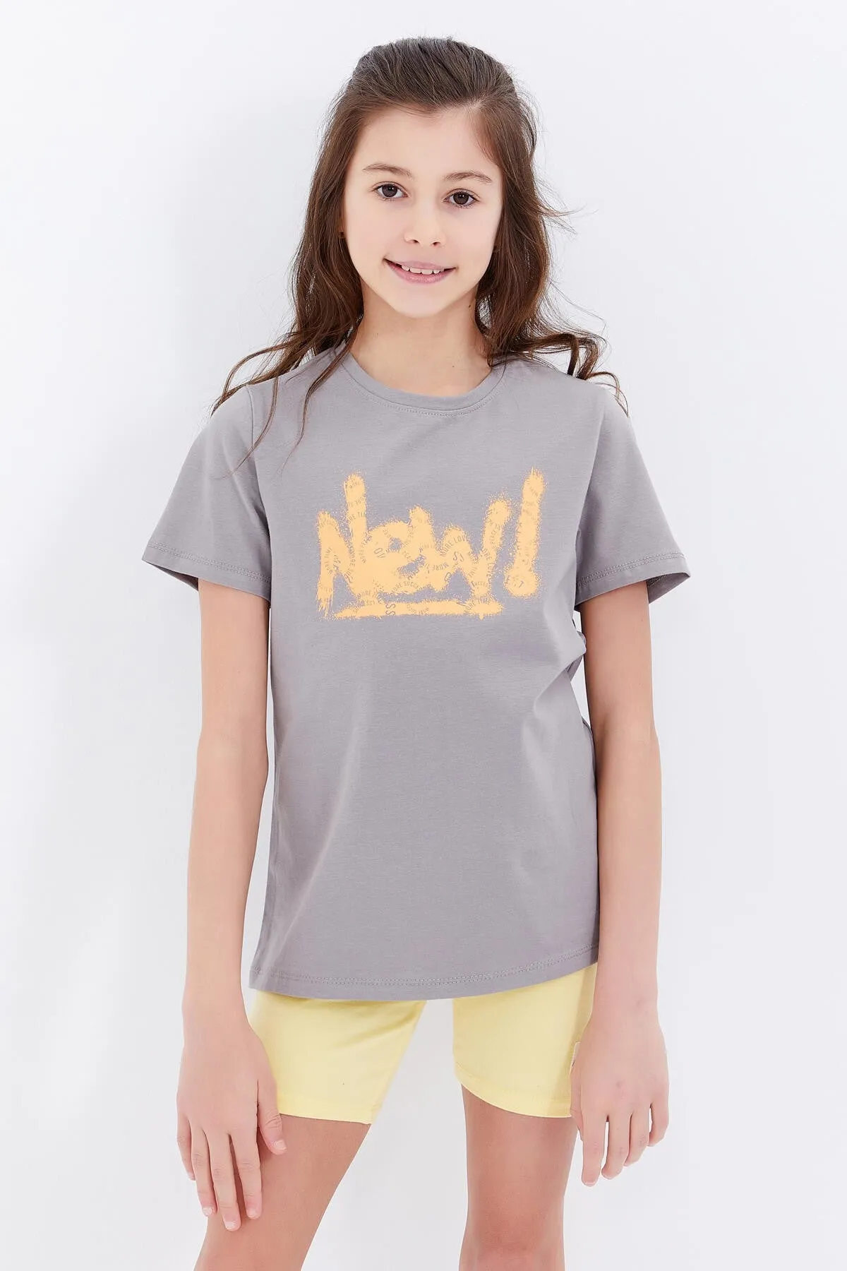 basic yazi baskili o yaka rahat form kiz çocuk t-shirt - 75041