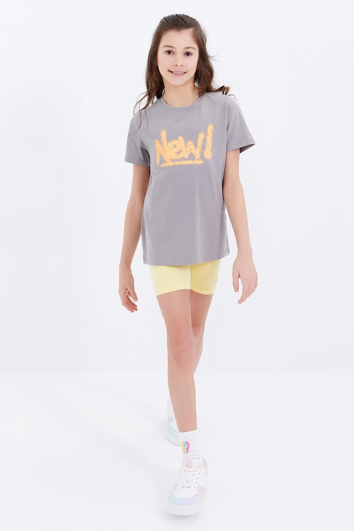basic yazi baskili o yaka rahat form kiz çocuk t-shirt - 75041