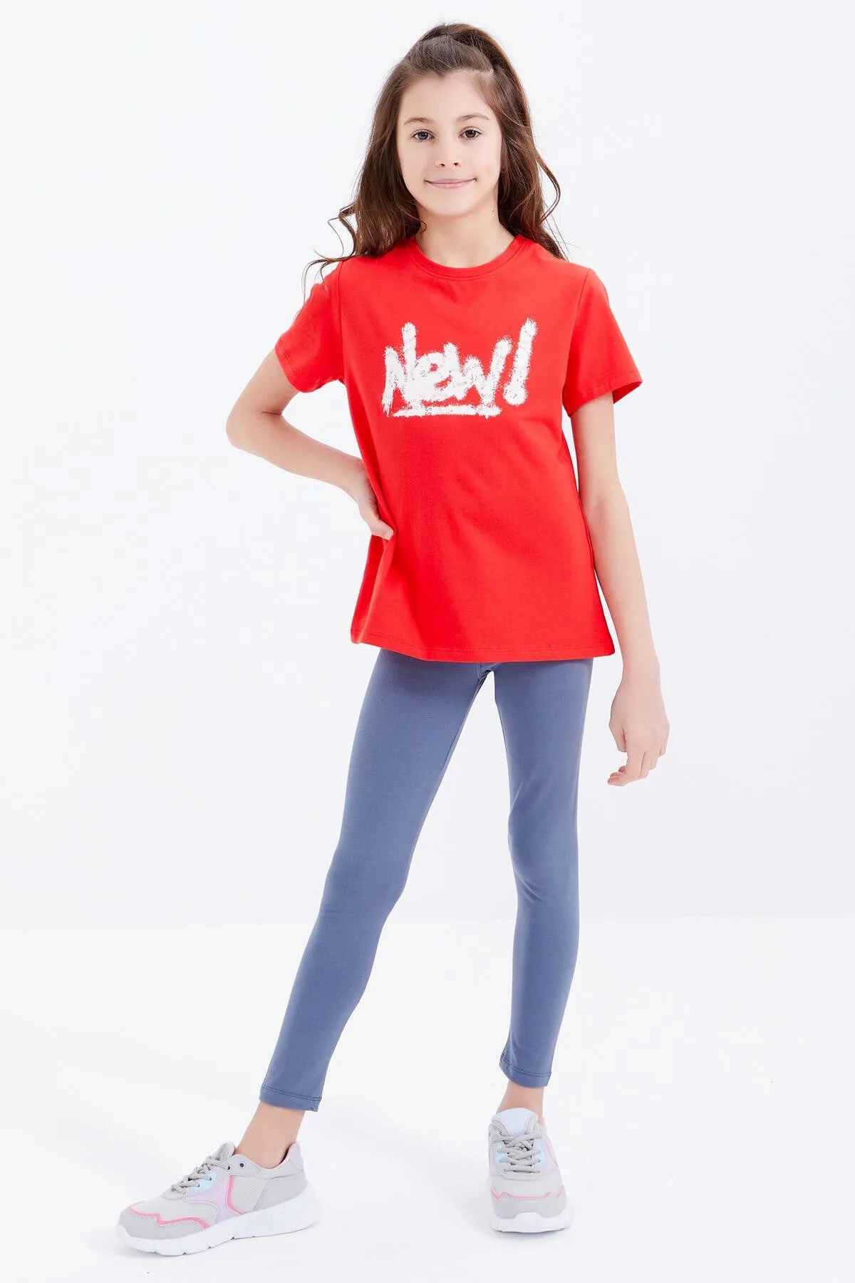 basic yazi baskili o yaka rahat form kiz çocuk t-shirt - 75041