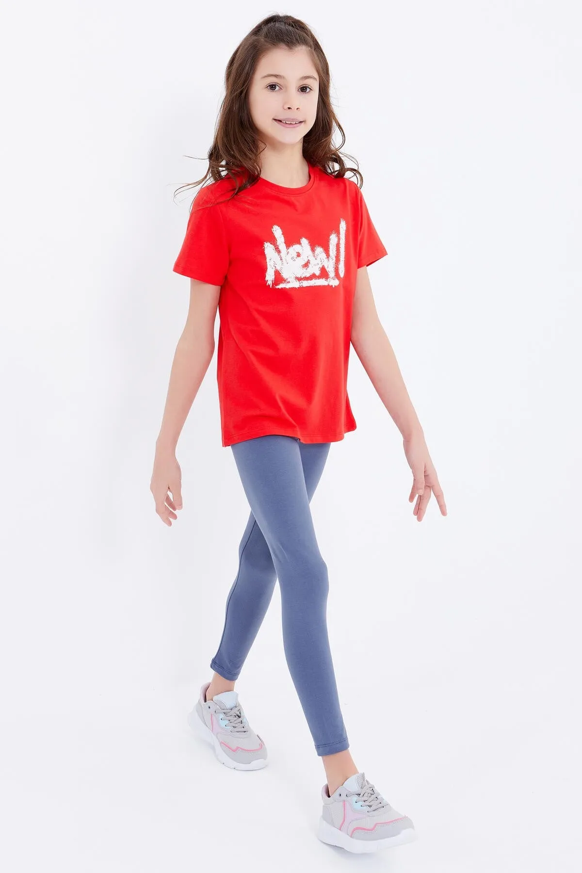basic yazi baskili o yaka rahat form kiz çocuk t-shirt - 75041