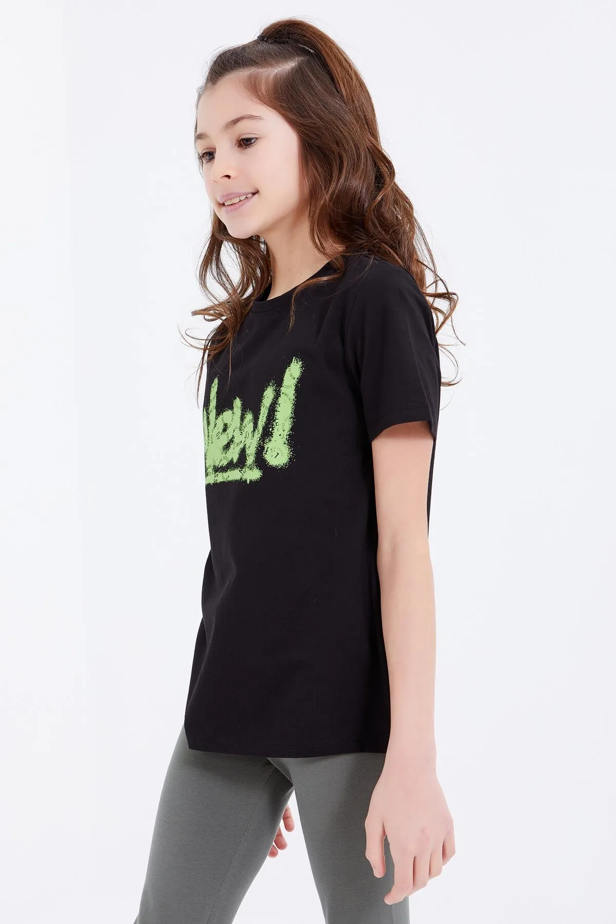 basic yazi baskili o yaka rahat form kiz çocuk t-shirt - 75041