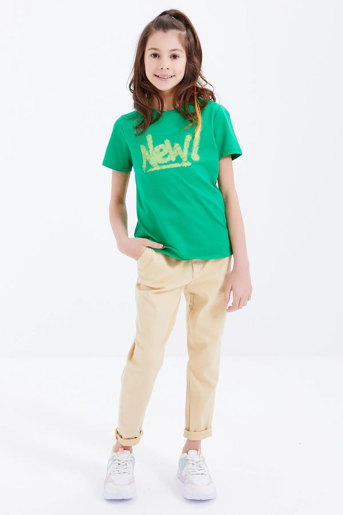 basic yazi baskili o yaka rahat form kiz çocuk t-shirt - 75041