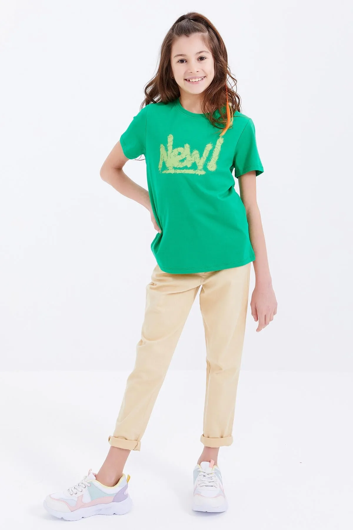 basic yazi baskili o yaka rahat form kiz çocuk t-shirt - 75041
