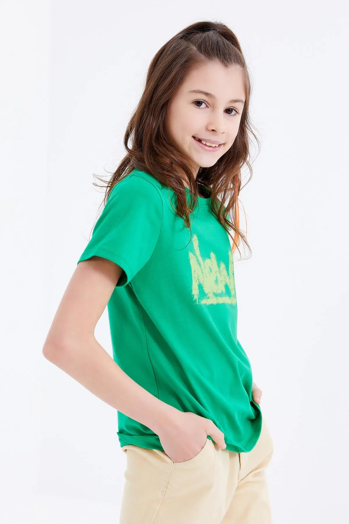 basic yazi baskili o yaka rahat form kiz çocuk t-shirt - 75041