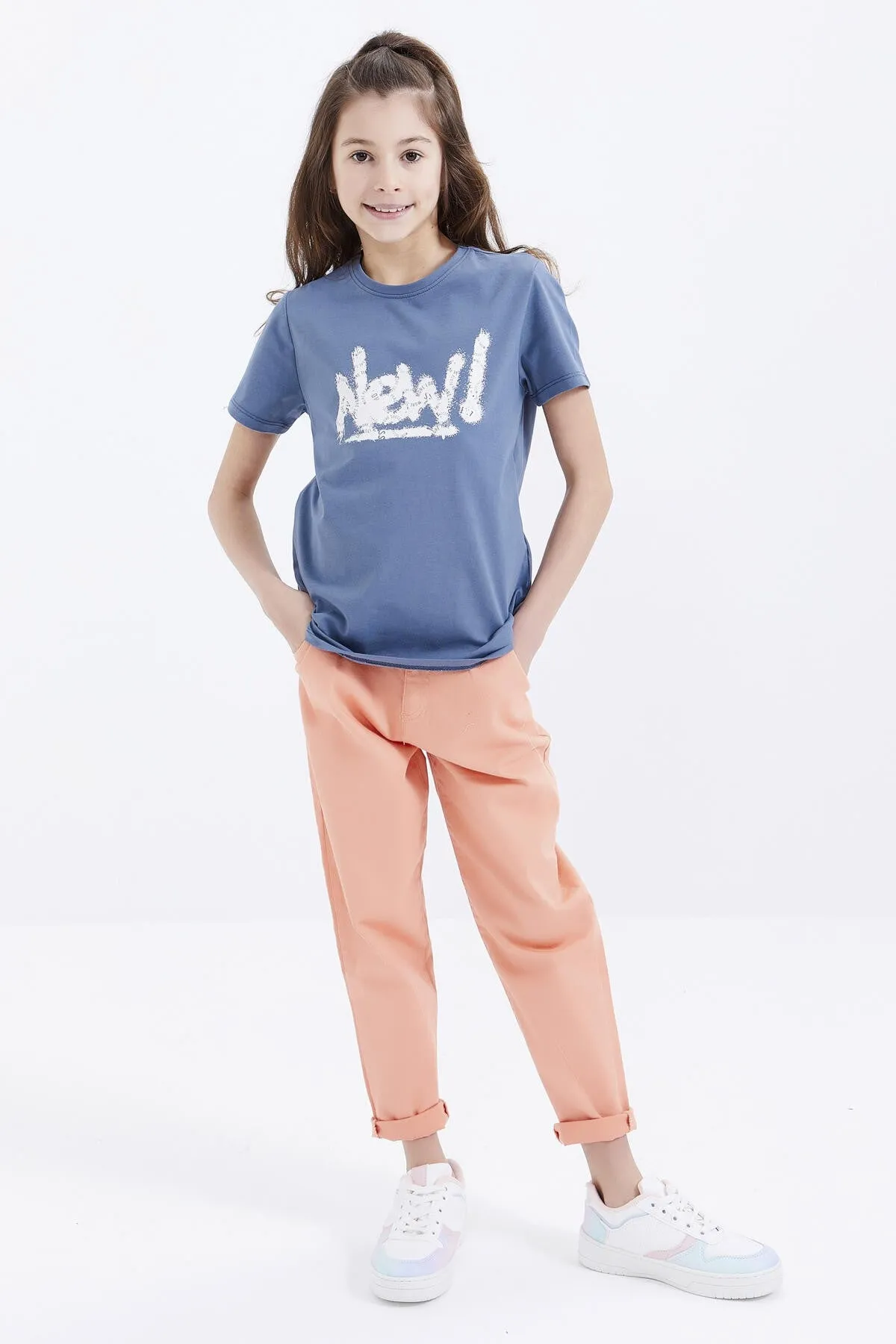 basic yazi baskili o yaka rahat form kiz çocuk t-shirt - 75041