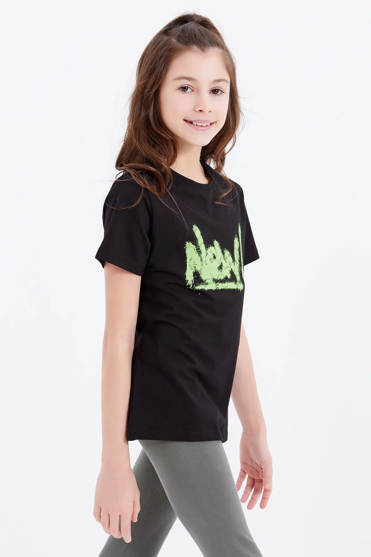 basic yazi baskili o yaka rahat form kiz çocuk t-shirt - 75041