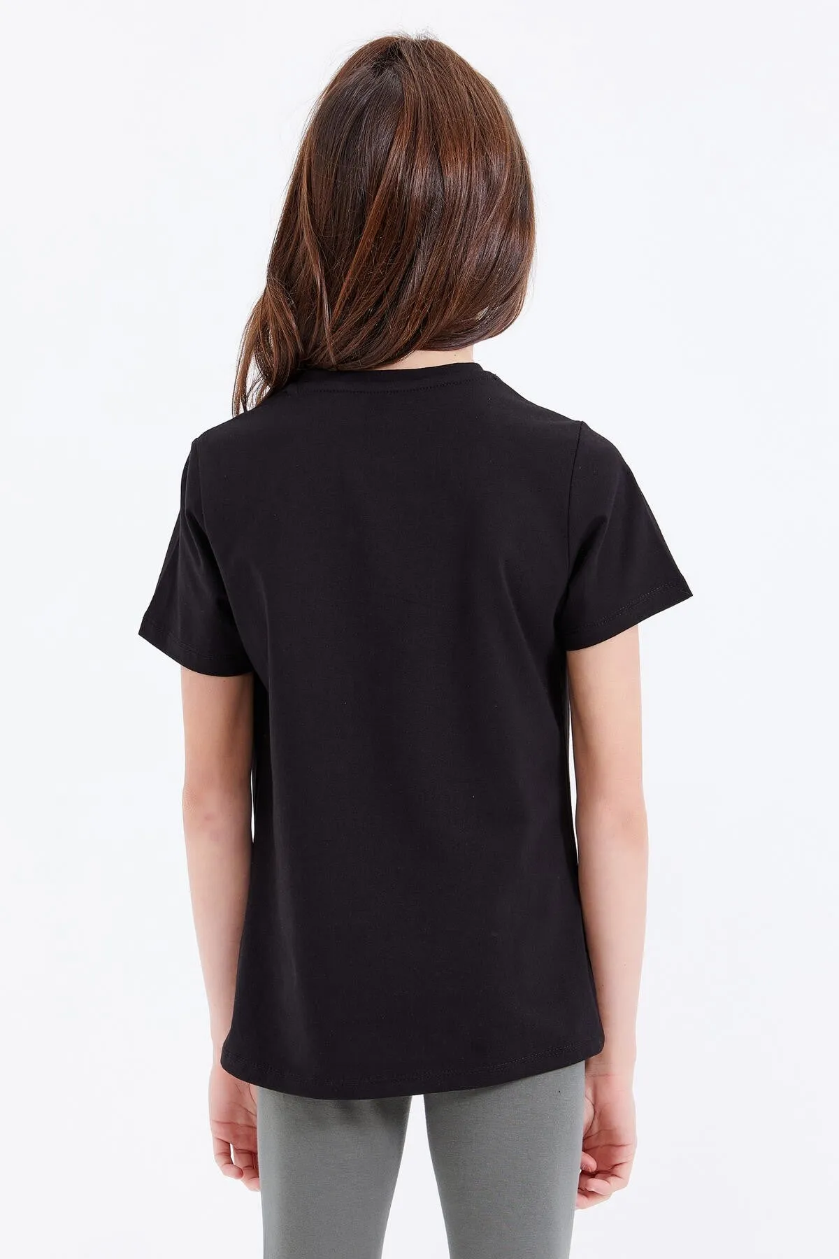basic yazi baskili o yaka rahat form kiz çocuk t-shirt - 75041