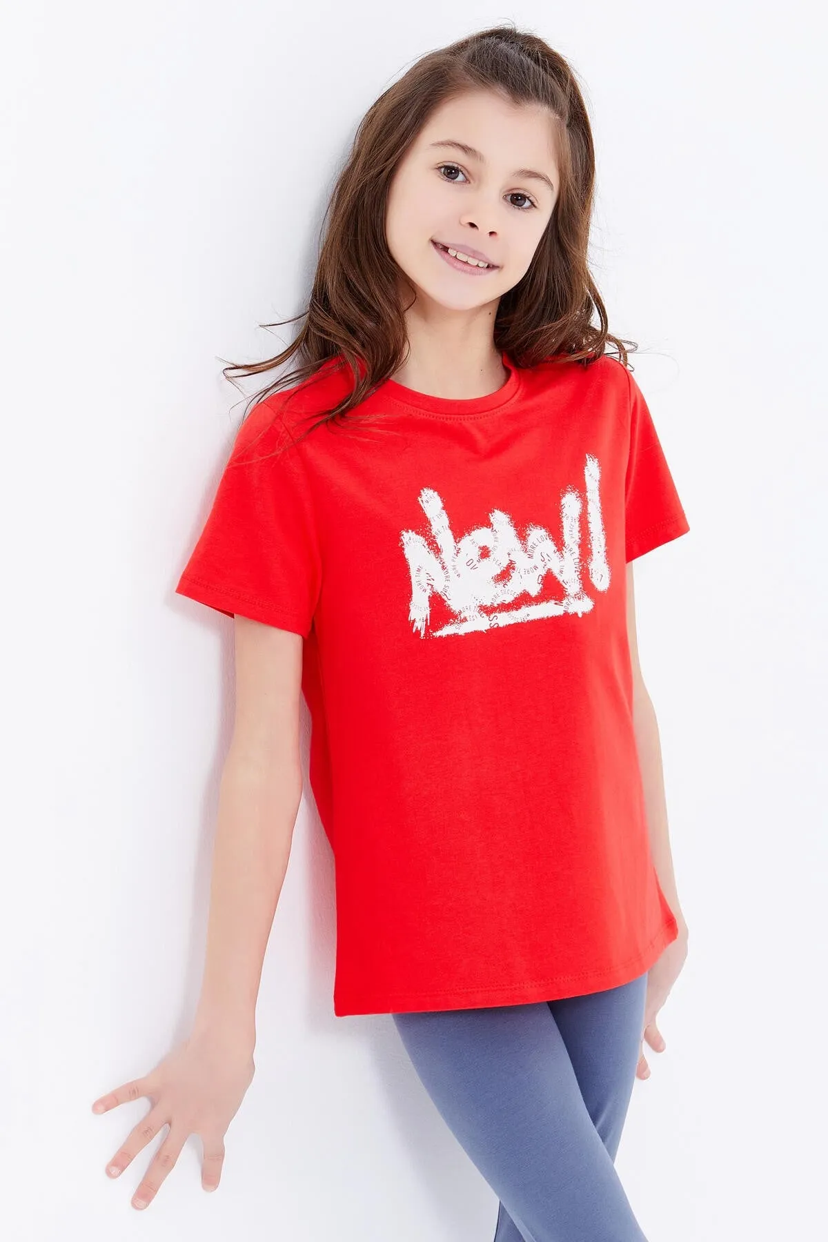 basic yazi baskili o yaka rahat form kiz çocuk t-shirt - 75041