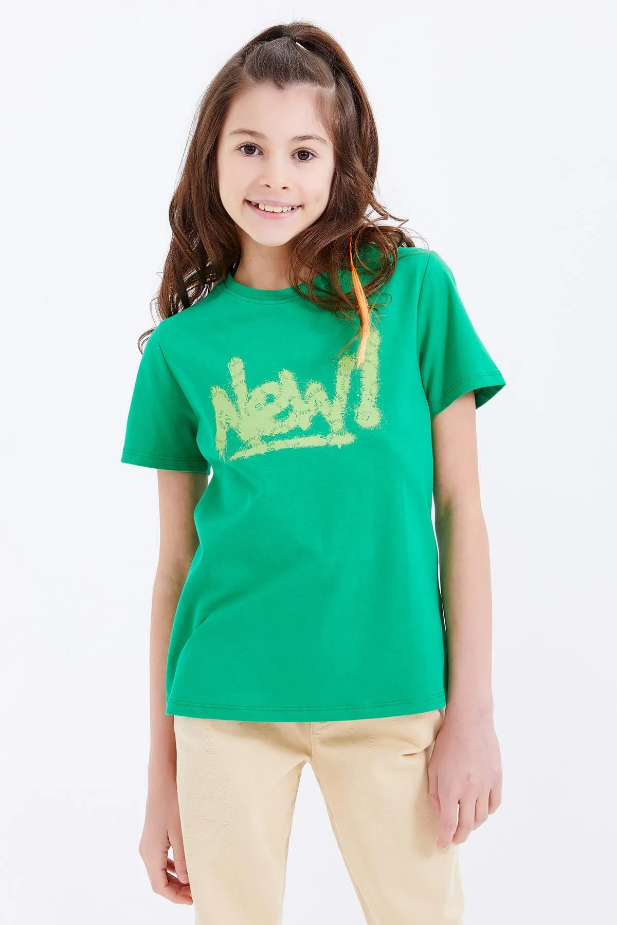 basic yazi baskili o yaka rahat form kiz çocuk t-shirt - 75041