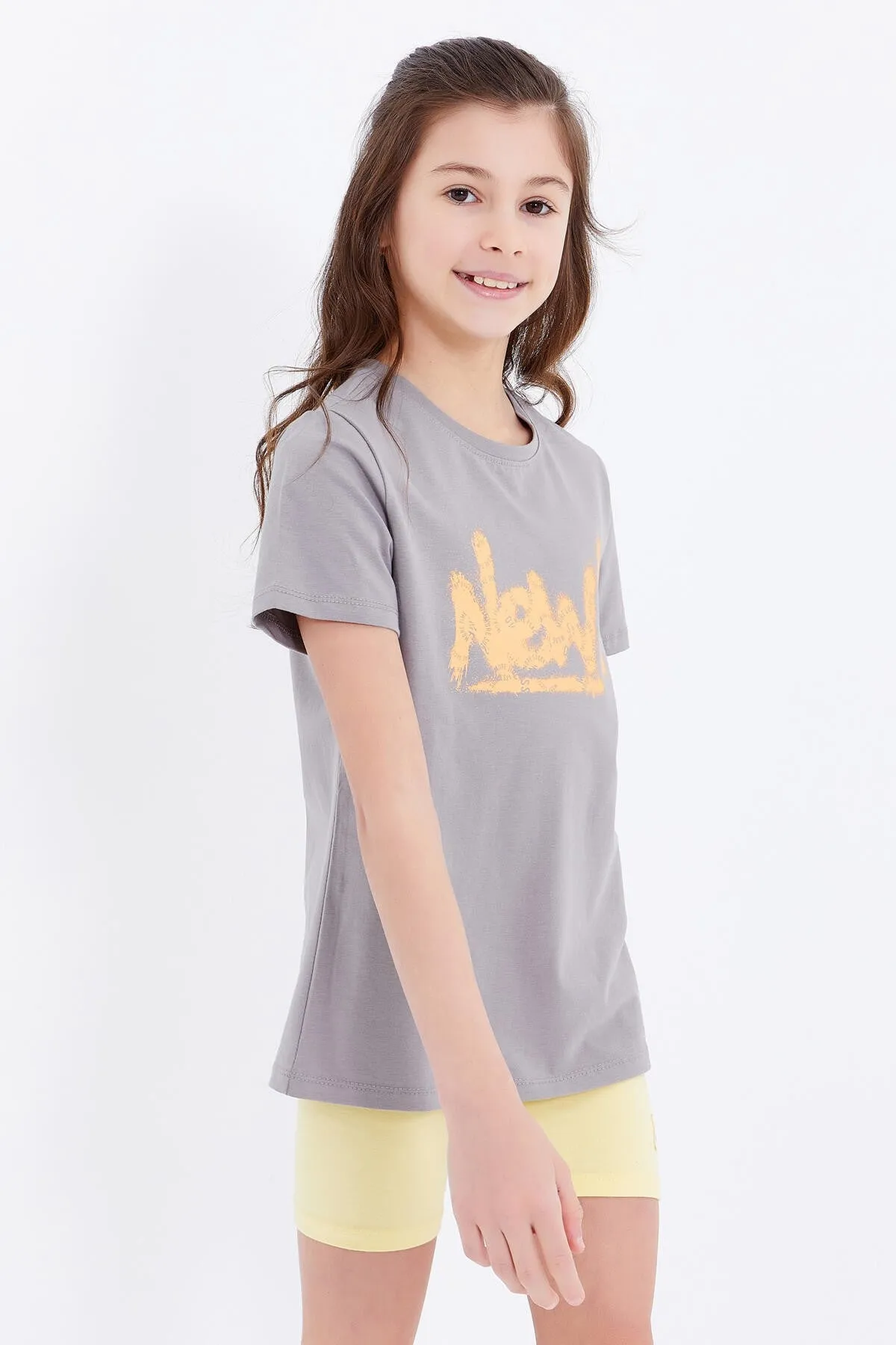 basic yazi baskili o yaka rahat form kiz çocuk t-shirt - 75041