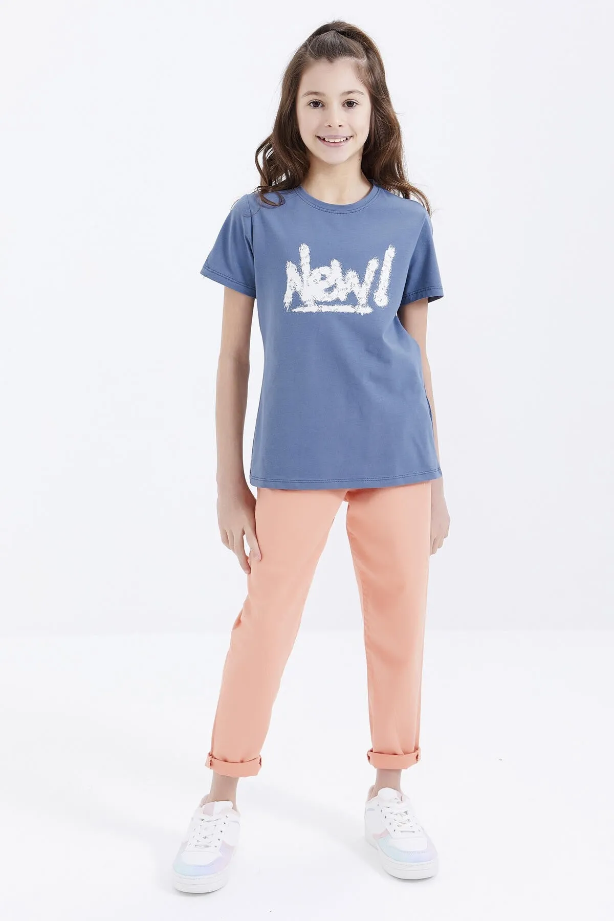 basic yazi baskili o yaka rahat form kiz çocuk t-shirt - 75041