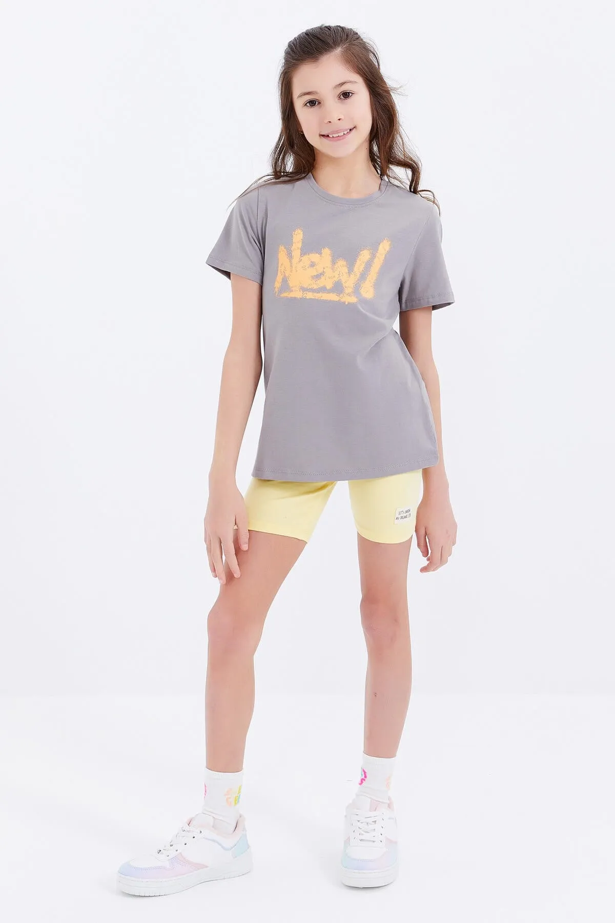 basic yazi baskili o yaka rahat form kiz çocuk t-shirt - 75041