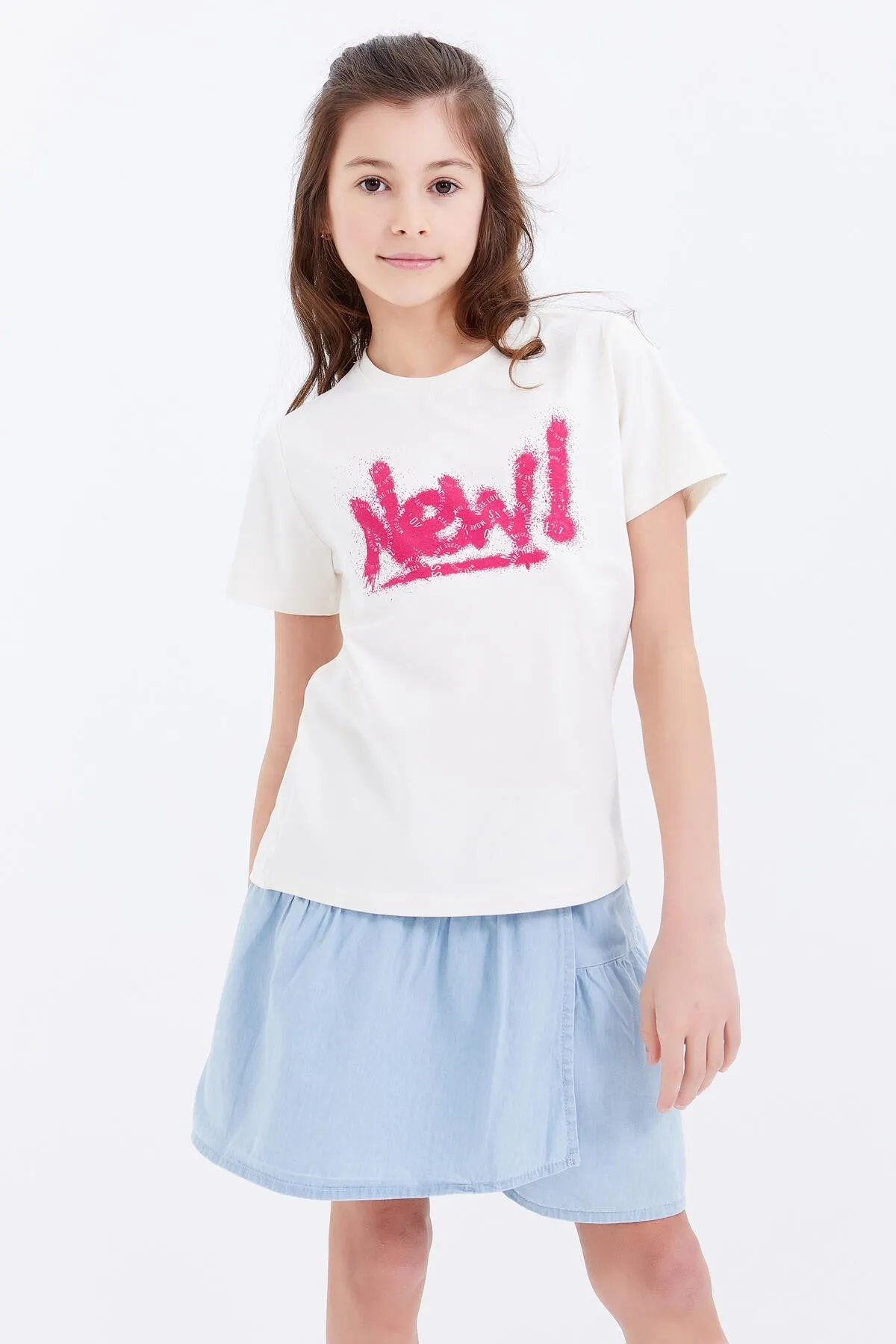 basic yazi baskili o yaka rahat form kiz çocuk t-shirt - 75041