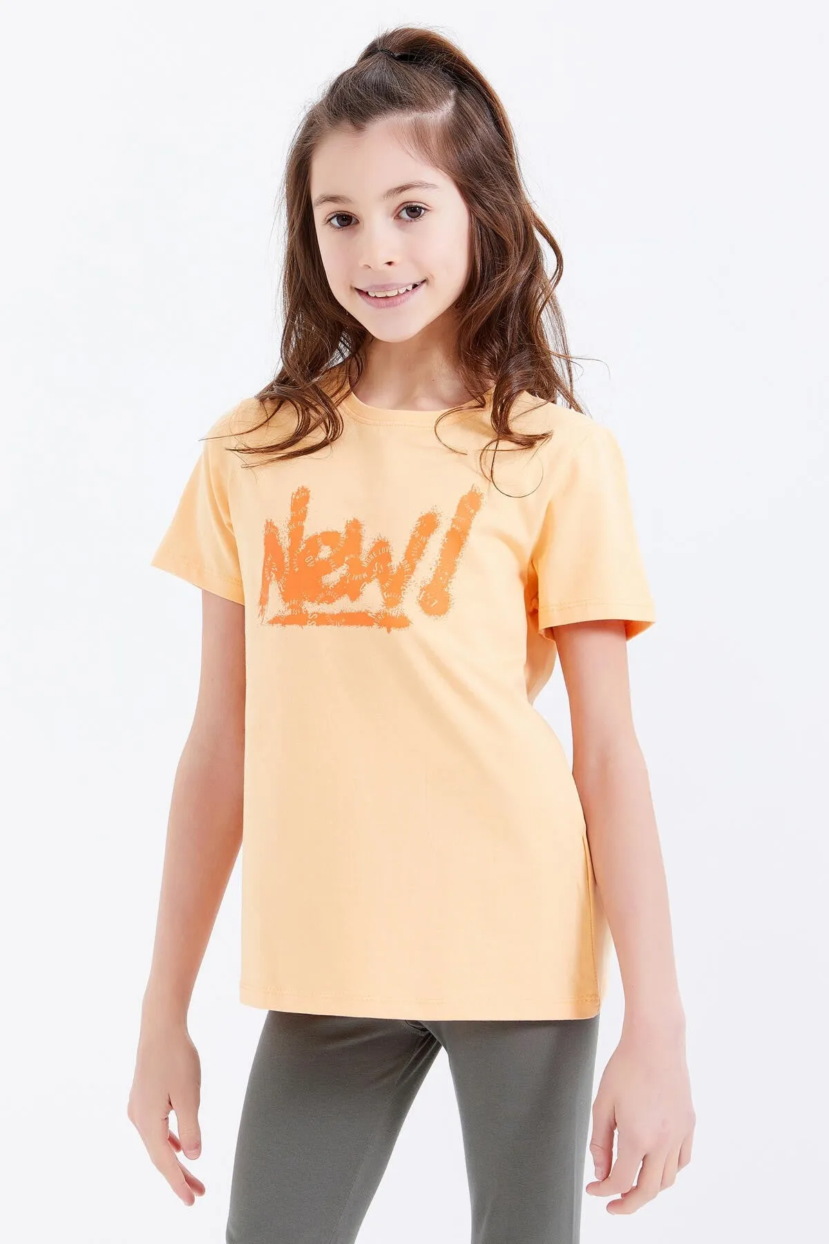 basic yazi baskili o yaka rahat form kiz çocuk t-shirt - 75041