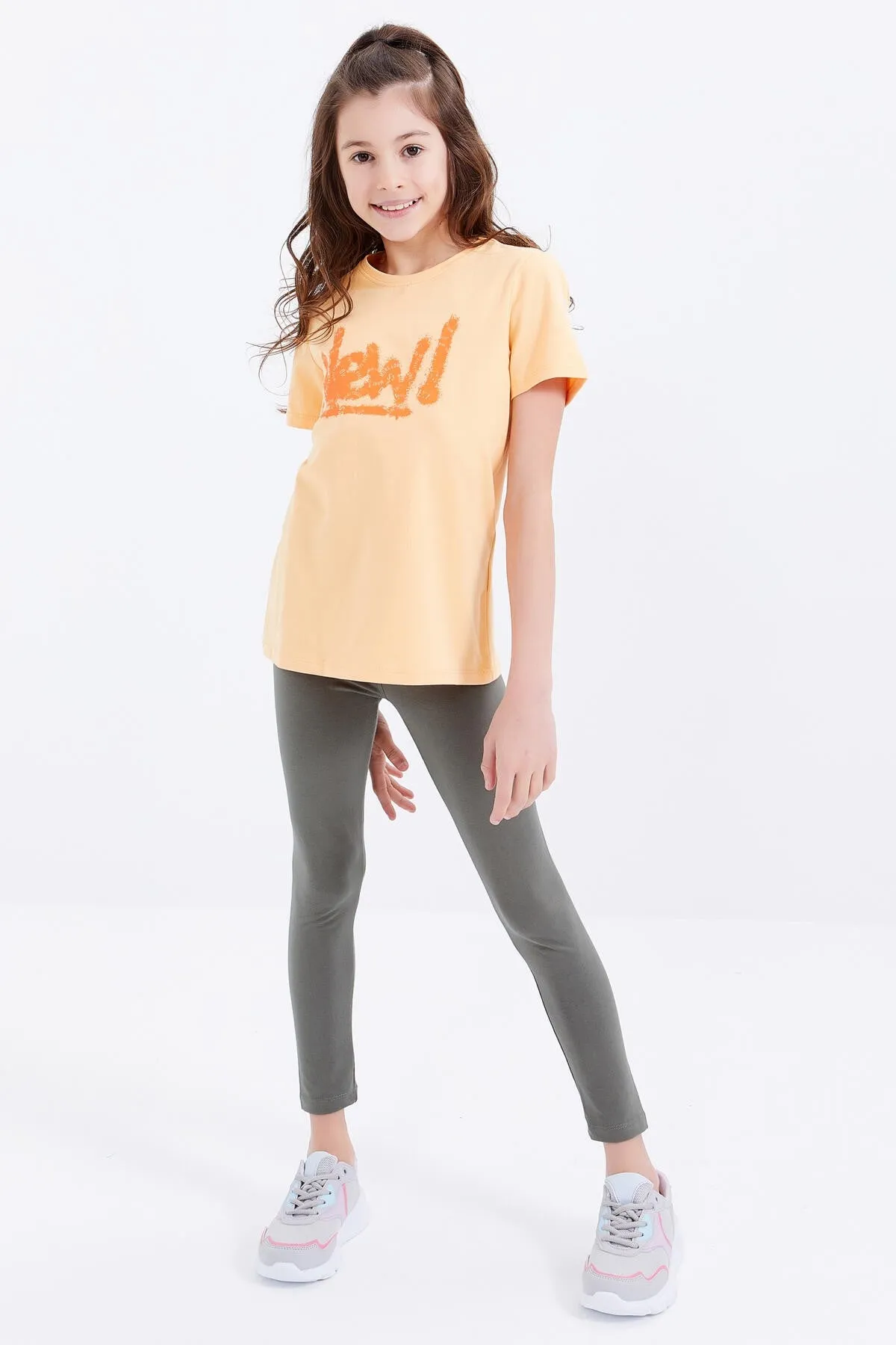basic yazi baskili o yaka rahat form kiz çocuk t-shirt - 75041