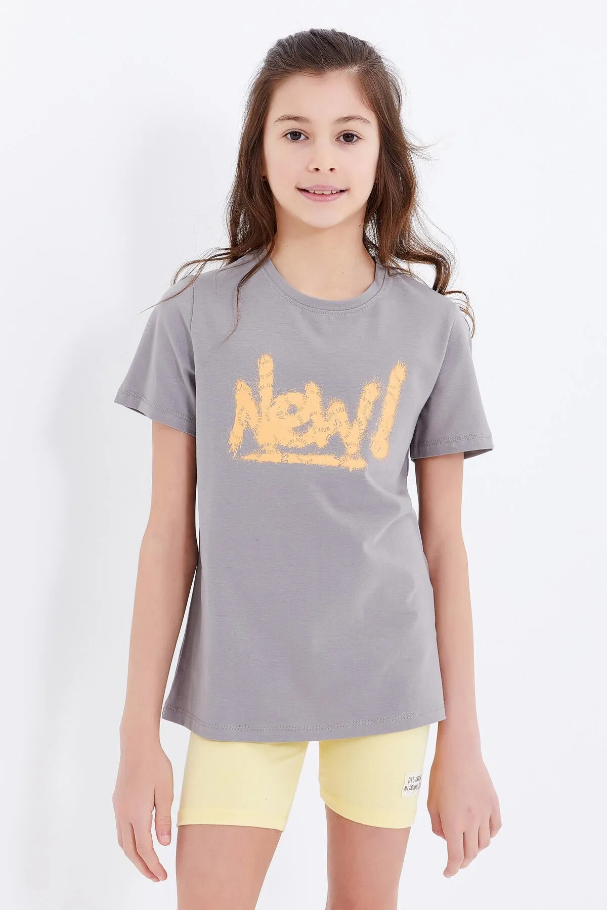 basic yazi baskili o yaka rahat form kiz çocuk t-shirt - 75041