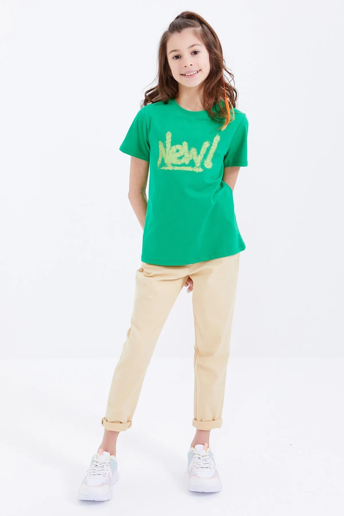 basic yazi baskili o yaka rahat form kiz çocuk t-shirt - 75041