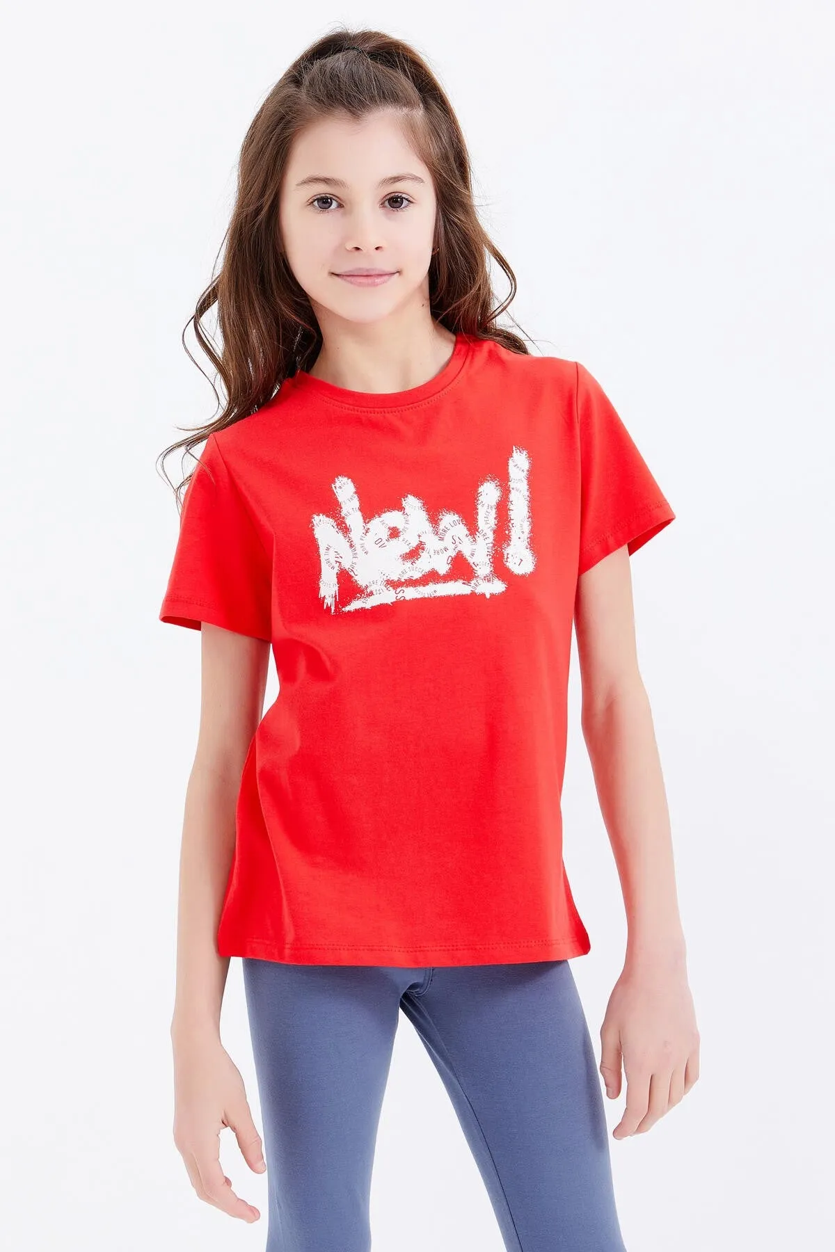 basic yazi baskili o yaka rahat form kiz çocuk t-shirt - 75041