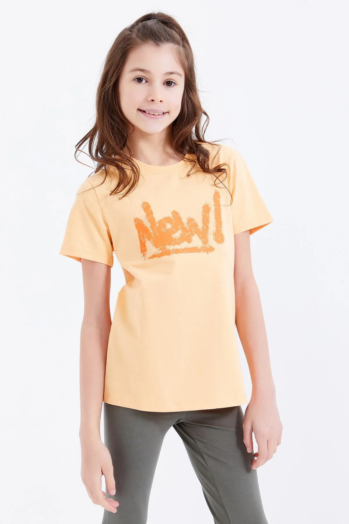 basic yazi baskili o yaka rahat form kiz çocuk t-shirt - 75041