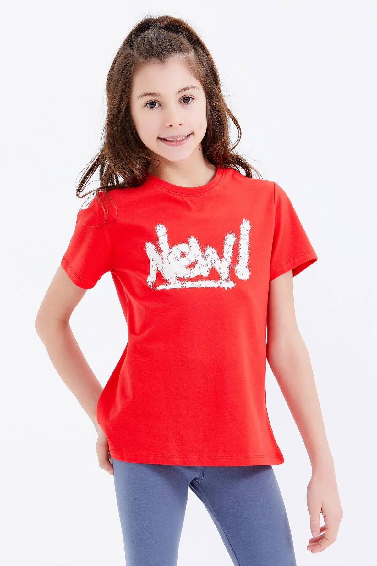 basic yazi baskili o yaka rahat form kiz çocuk t-shirt - 75041