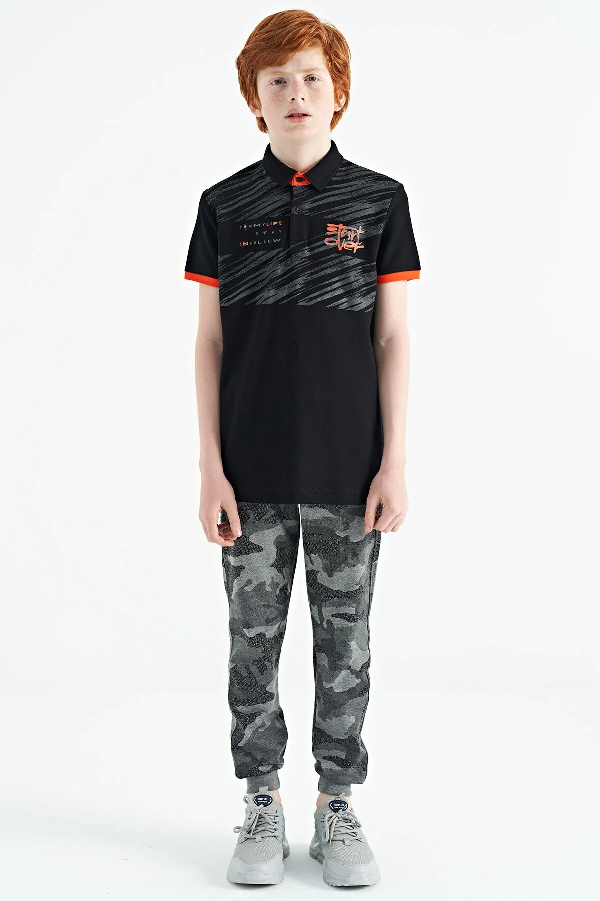 baski detayli pola yaka standart kalip erkek çocuk t-shirt - 11161
