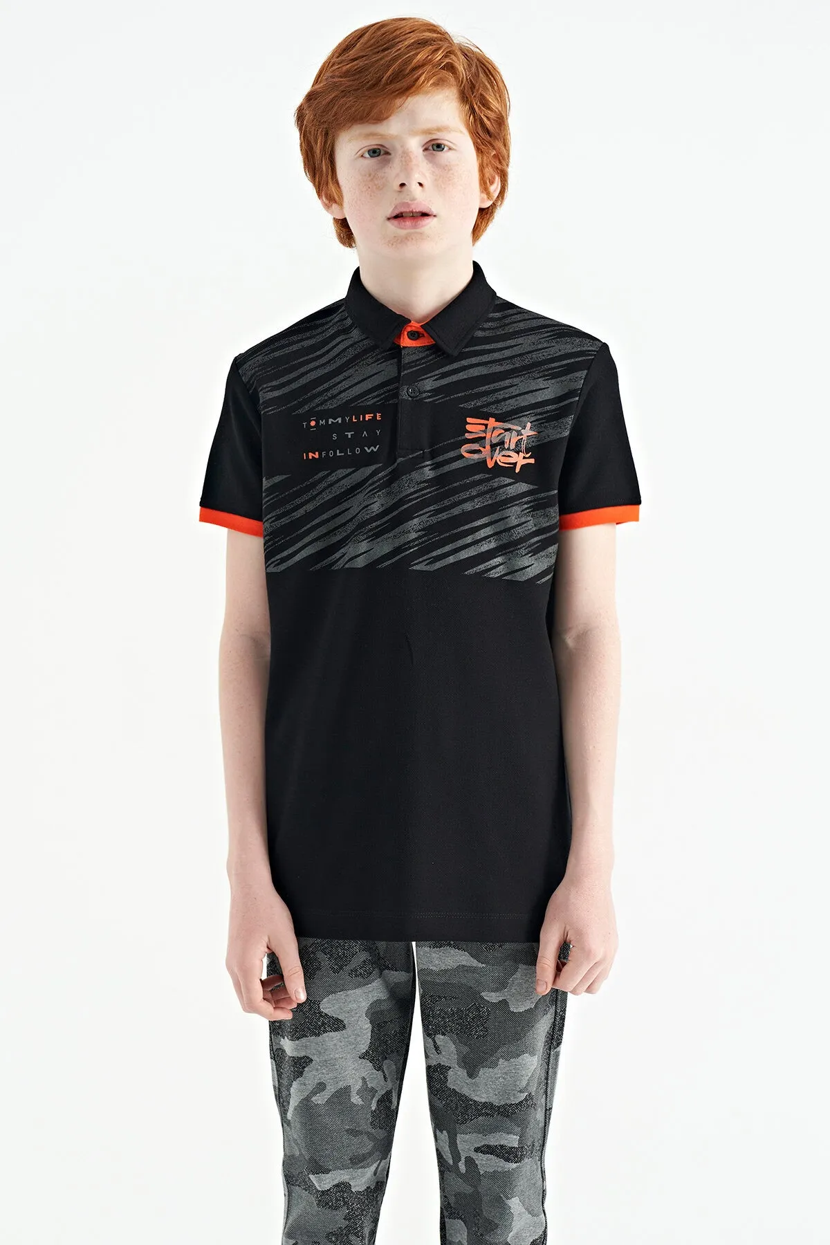 baski detayli pola yaka standart kalip erkek çocuk t-shirt - 11161