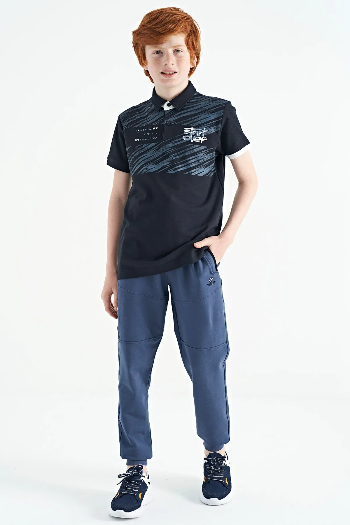 baski detayli pola yaka standart kalip erkek çocuk t-shirt - 11161