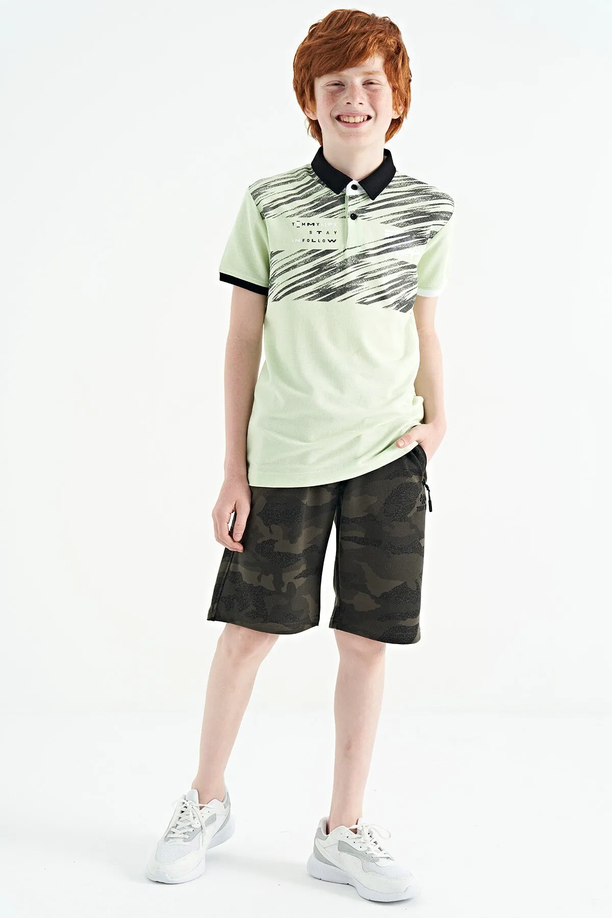 baski detayli pola yaka standart kalip erkek çocuk t-shirt - 11161