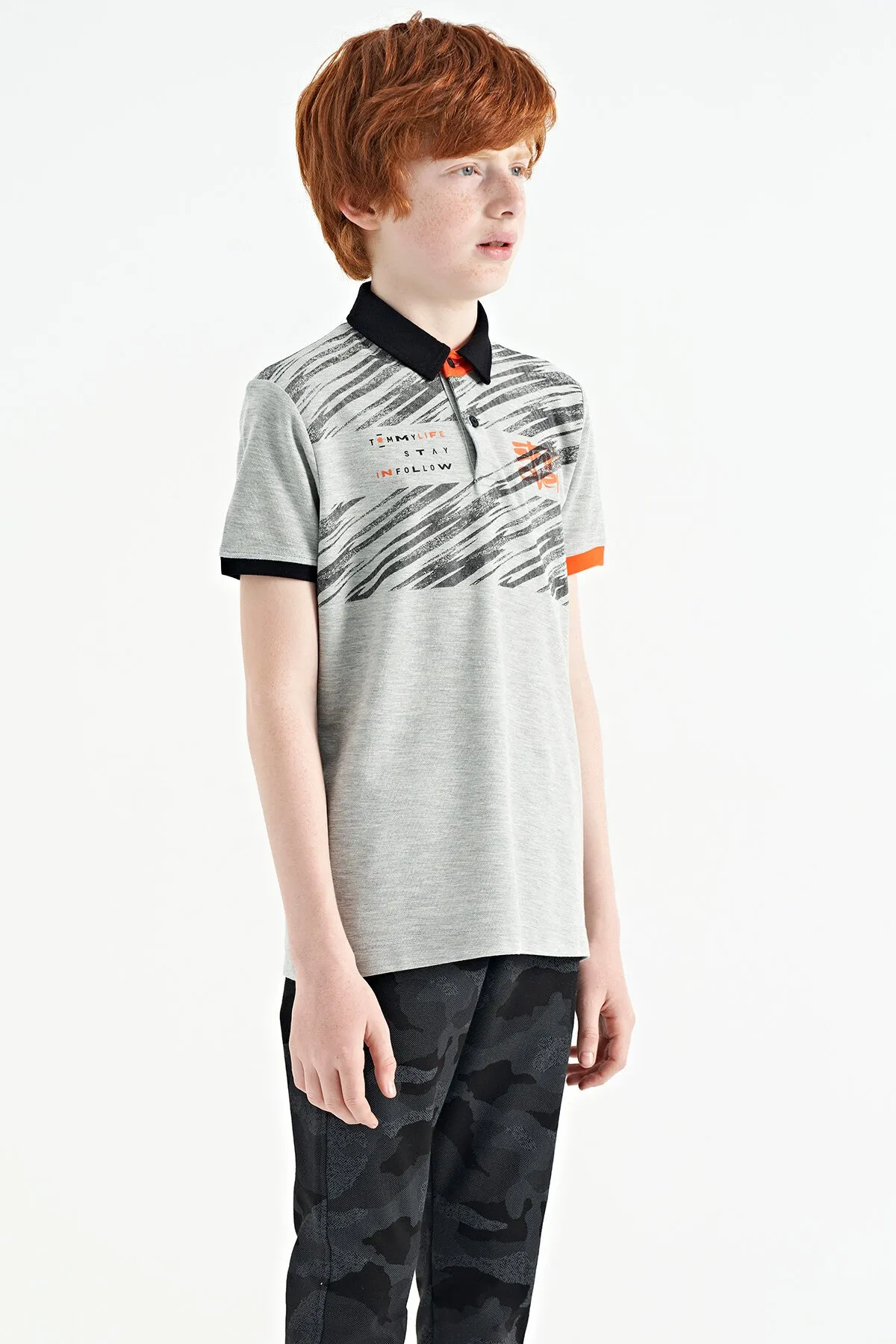 baski detayli pola yaka standart kalip erkek çocuk t-shirt - 11161
