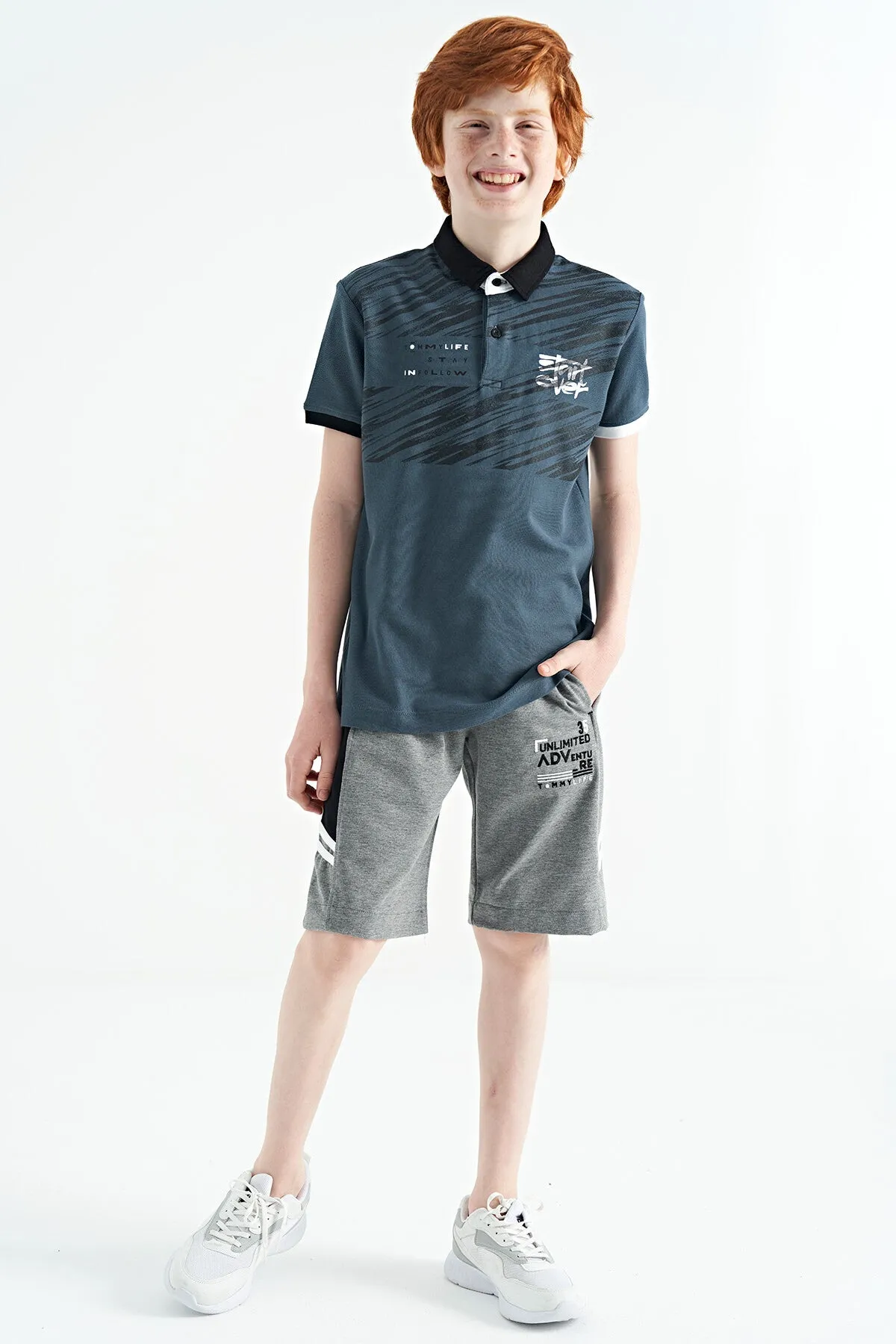 baski detayli pola yaka standart kalip erkek çocuk t-shirt - 11161