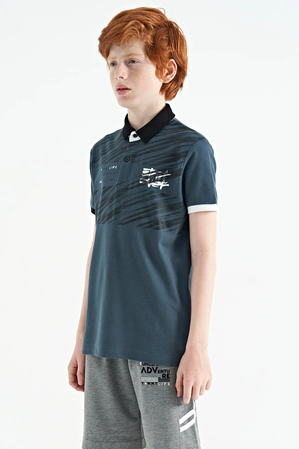 baski detayli pola yaka standart kalip erkek çocuk t-shirt - 11161