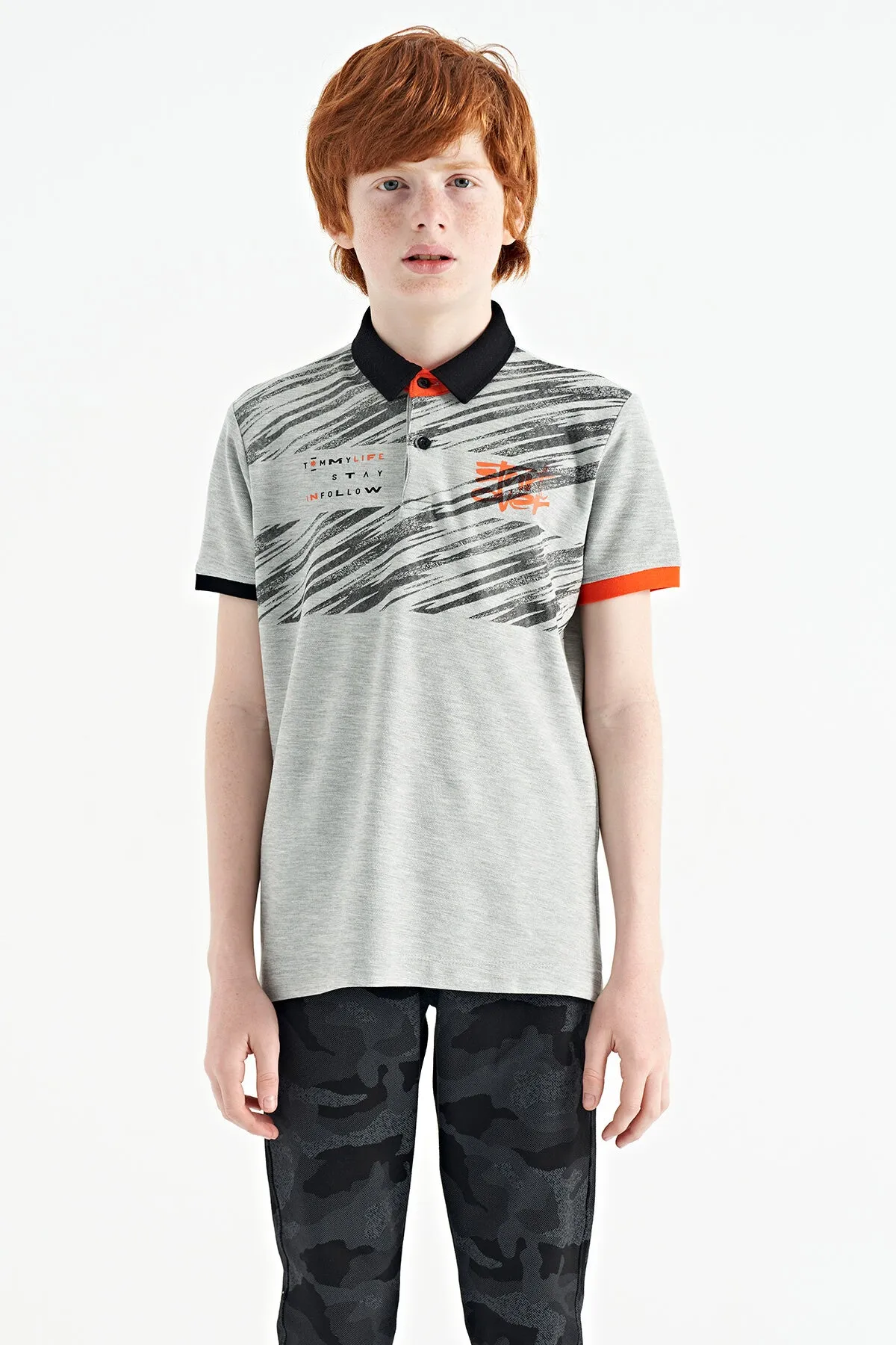 baski detayli pola yaka standart kalip erkek çocuk t-shirt - 11161