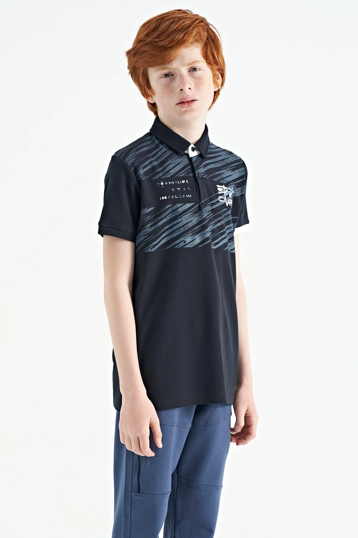 baski detayli pola yaka standart kalip erkek çocuk t-shirt - 11161