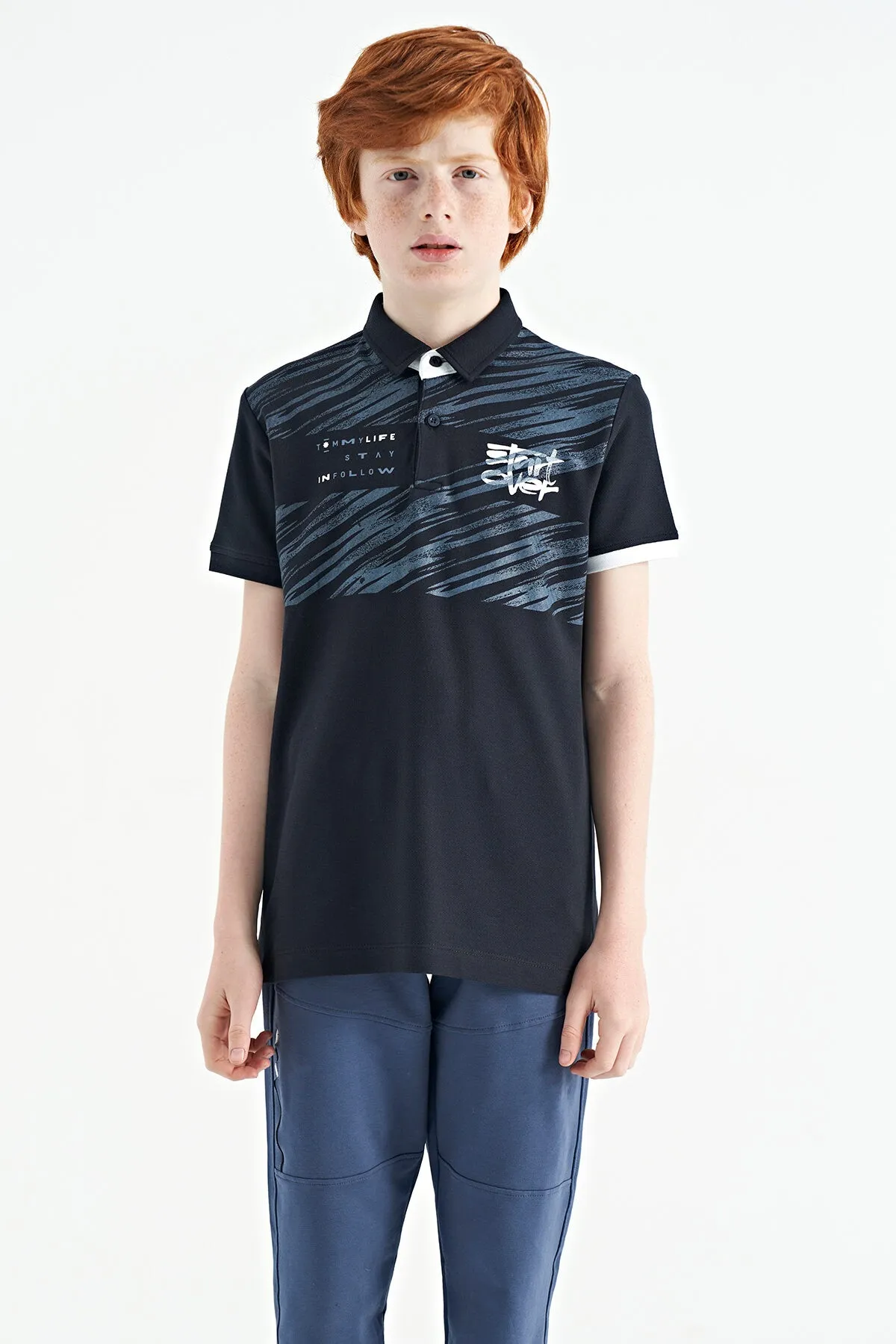 baski detayli pola yaka standart kalip erkek çocuk t-shirt - 11161